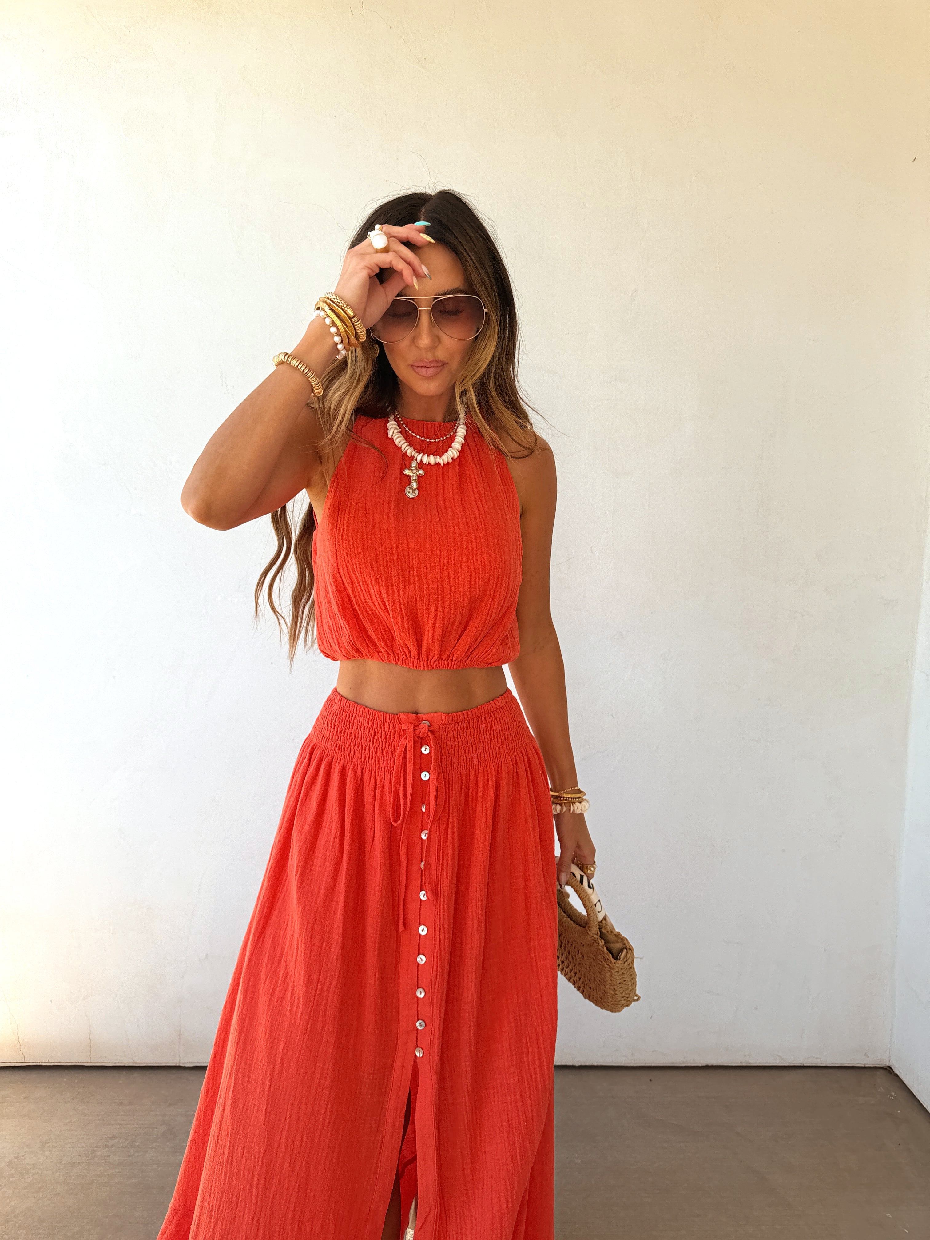 Brooklyn | Cotton Gauze Halter Crop Top Button Maxi Skirt Co-ord Set
