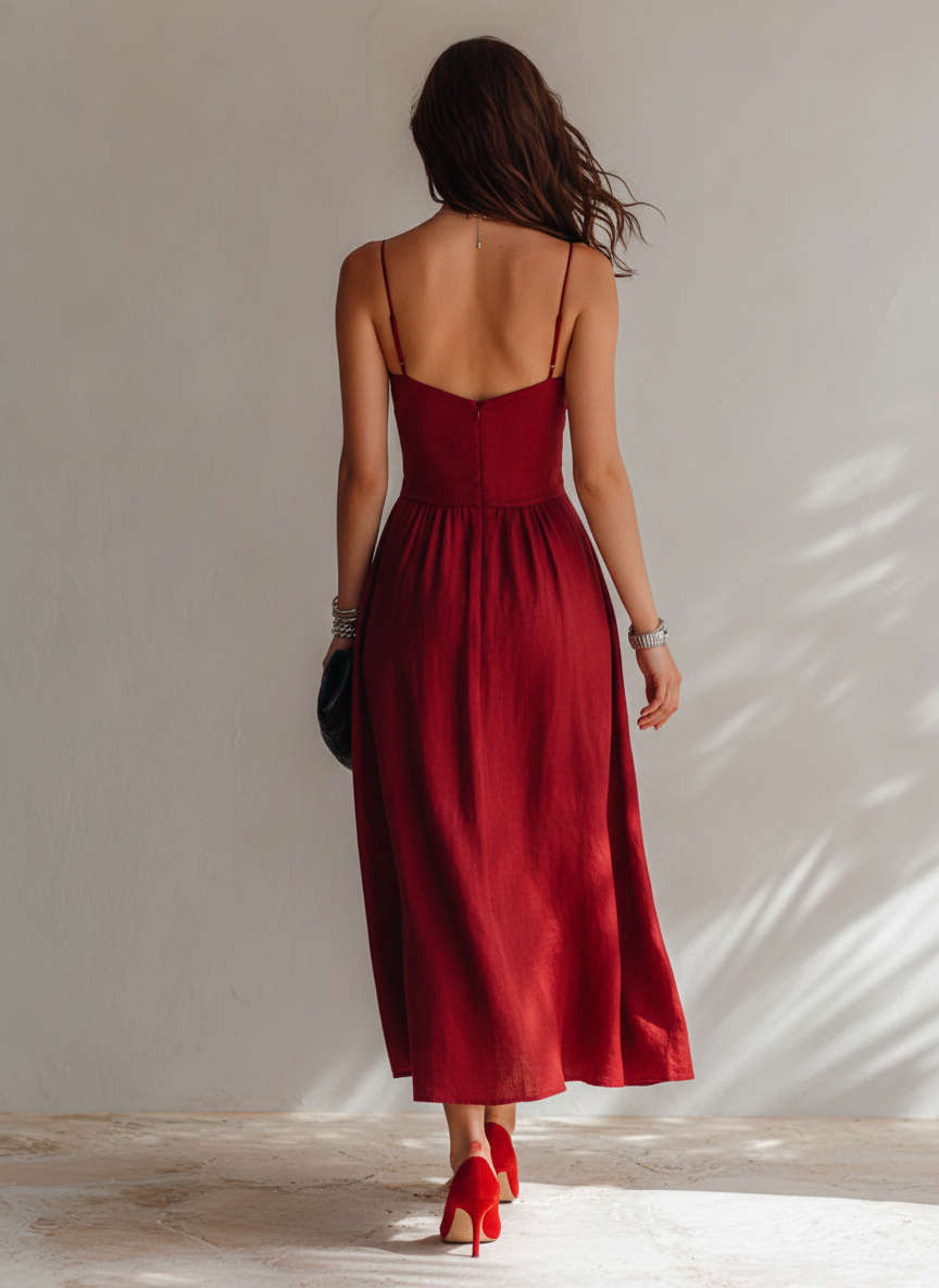 Heather | Linen Sweetheart Midi Dress