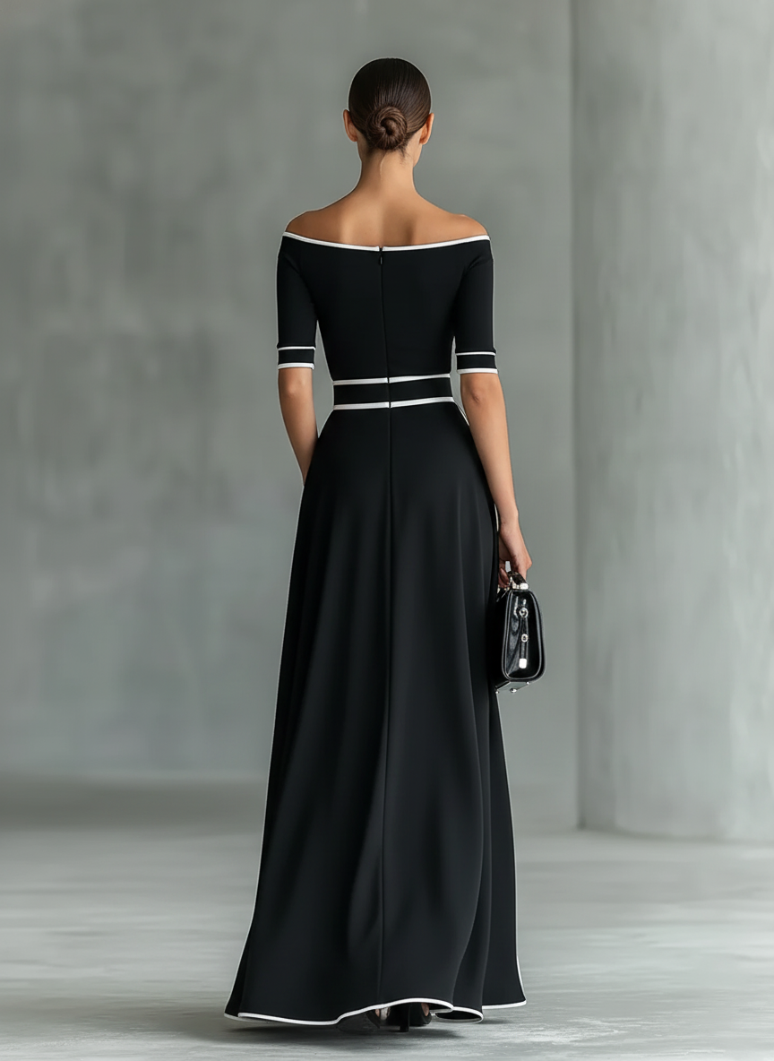 Sharon | Off-Shoulder Contrast-Trim Belted Maxi Dress