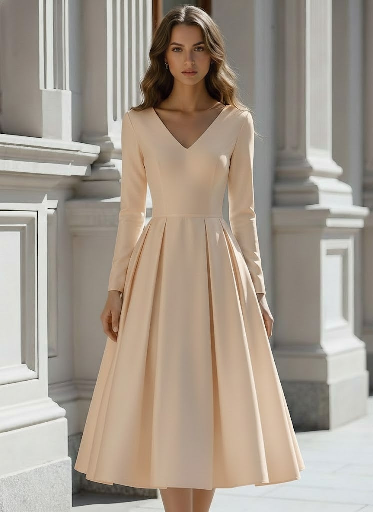 Mira | V-Neck Long-Sleeve A-Line Midi Dress