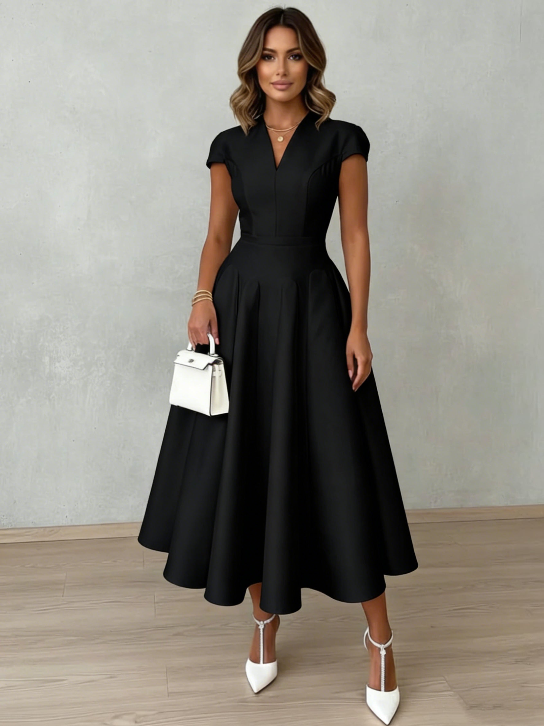 Talia | V-Neck Cap-Sleeve A-Line Midi Dress