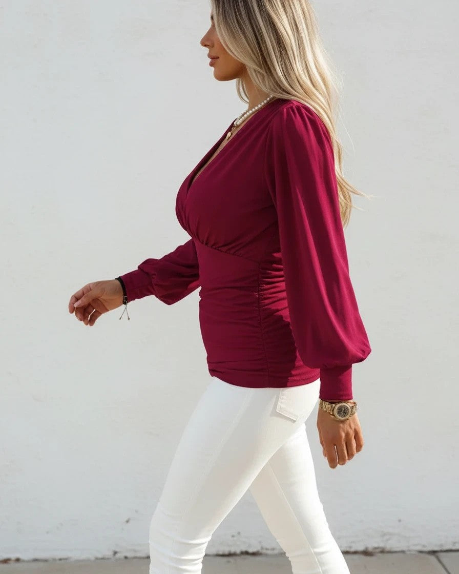 Elise | V-Neck Puff-Sleeve Ruched Top