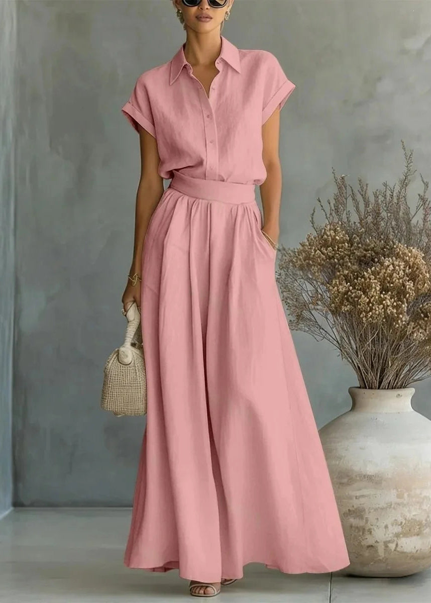 Pauline | Linen Collared Top Belted Skirt Co-ord Set