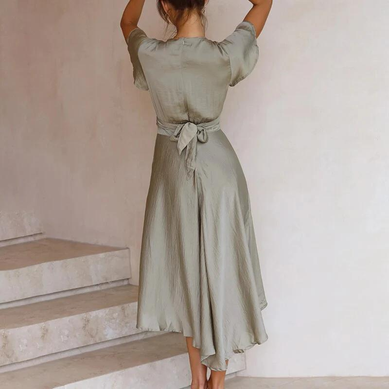 Ilaria | Satin Twist-Front Ruffle Midi Dress