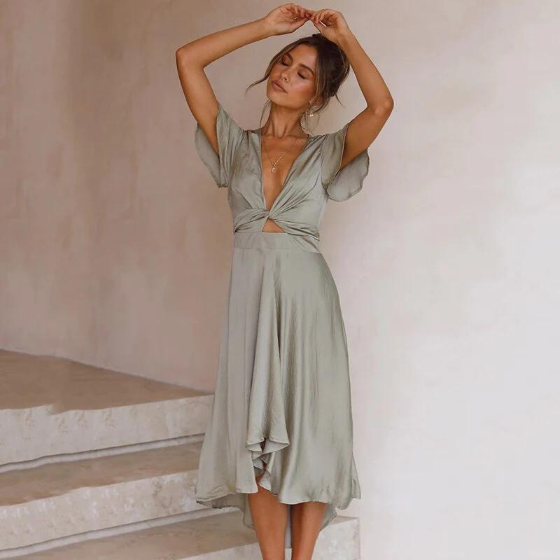Ilaria | Satin Twist-Front Ruffle Midi Dress