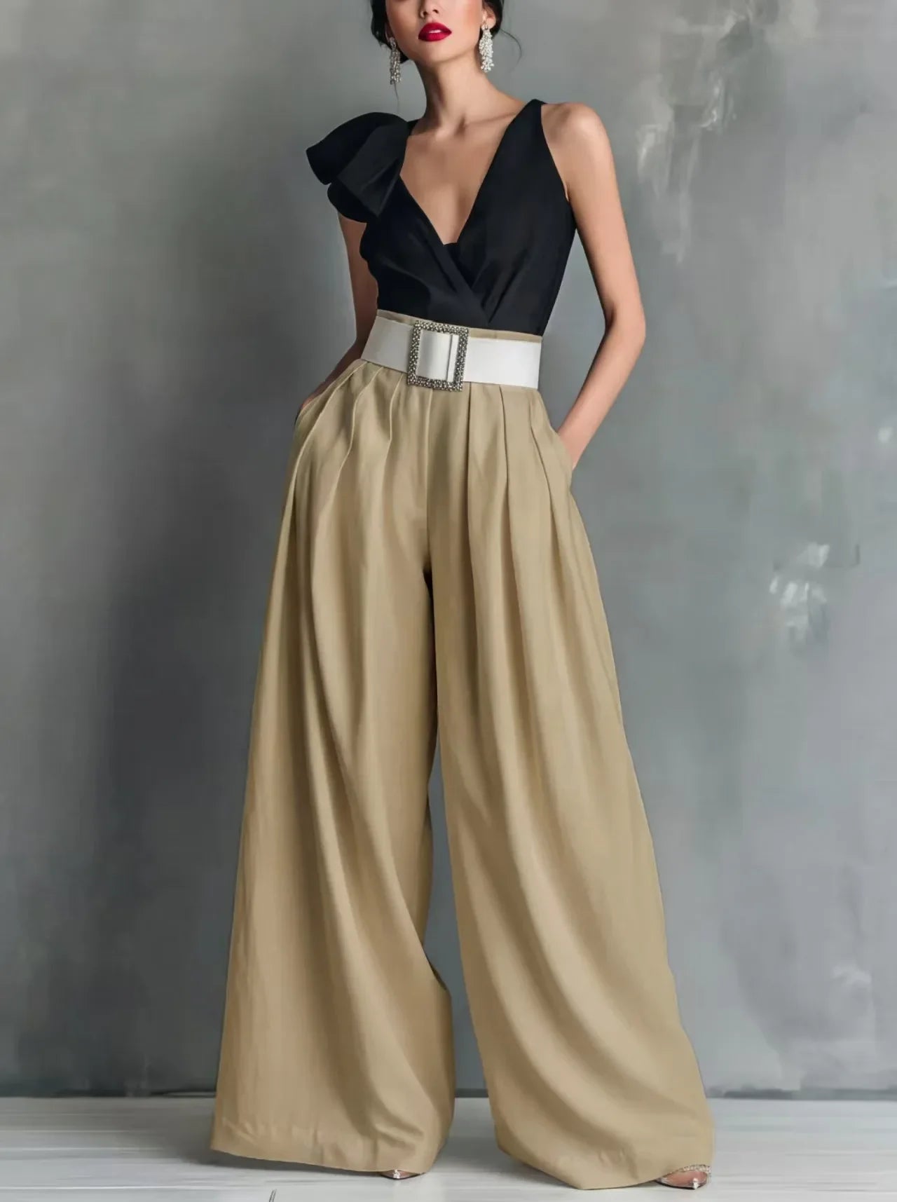 Brenda | Belted Wide-Leg Pleated Trousers