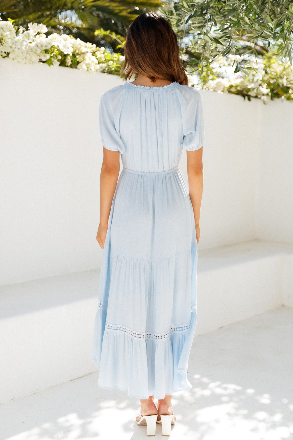 Isla | Cotton Crochet-Trim V-Neck Button Tiered Midi Dress