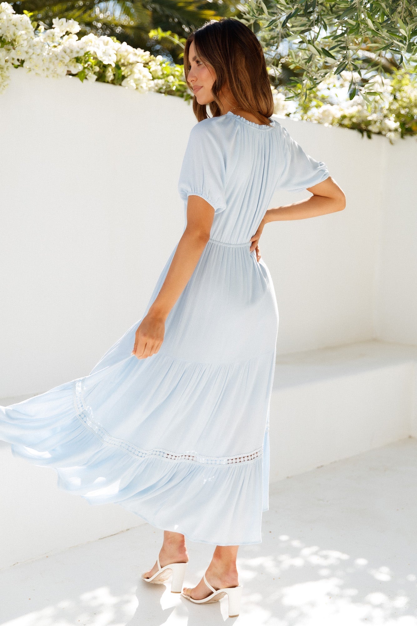 Isla | Cotton Crochet-Trim V-Neck Button Tiered Midi Dress
