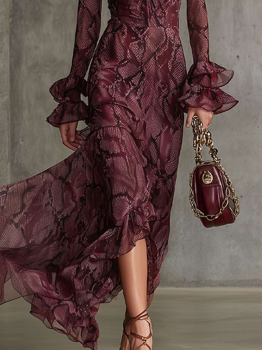 Donna | Snake Print Ruffle Sleeve Maxi Dress