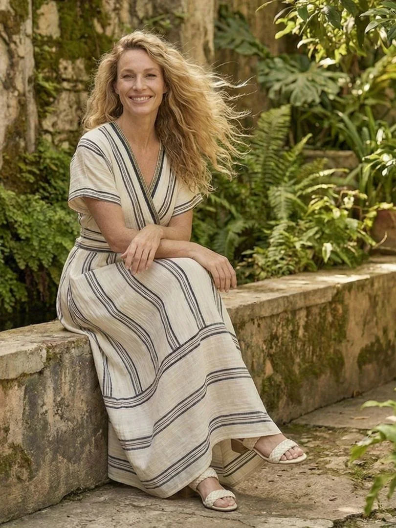 Alba | Striped Wrap V-Neck Maxi Dress