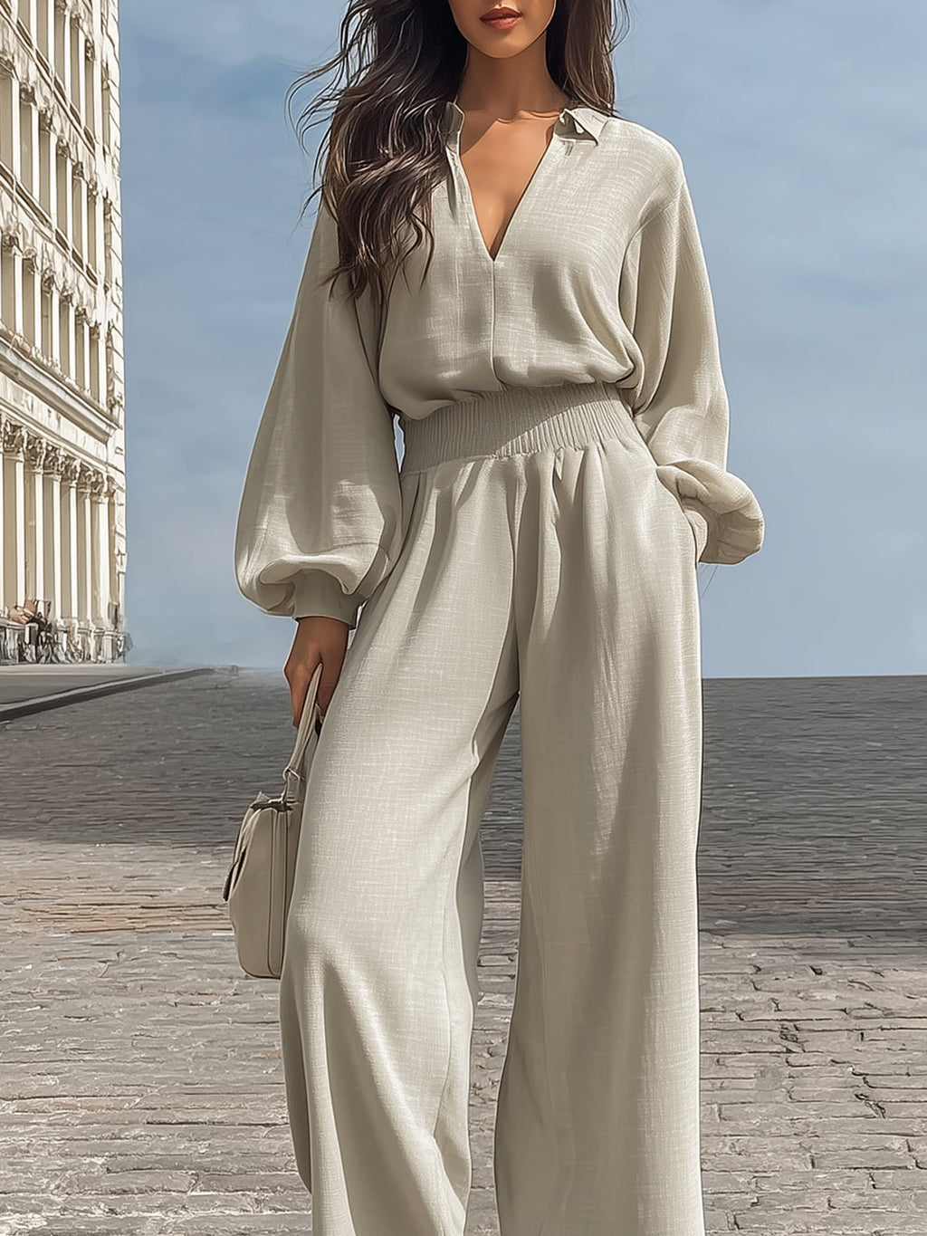 Nadia | Linen Collared V-Neck Wide-Leg Co-ord Set