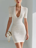 Vivian | Striped Ribbed Knit Plunge V-Neck Bodycon Mini Dress