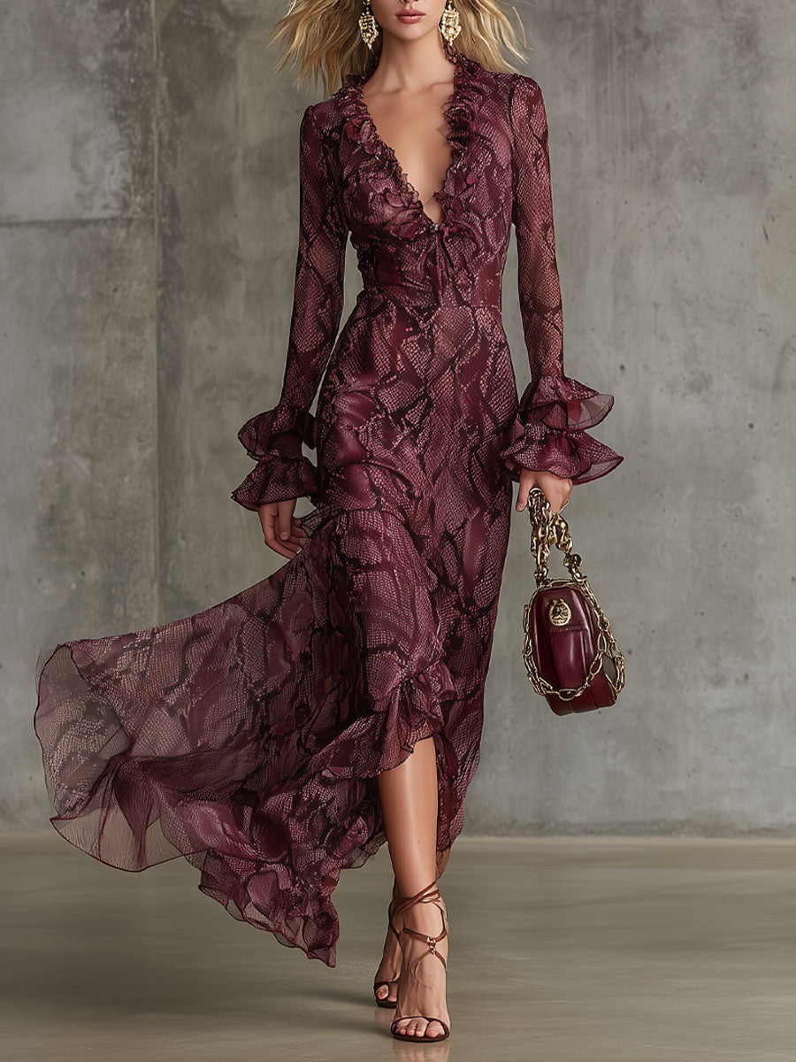 Donna | Snake Print Ruffle Sleeve Maxi Dress
