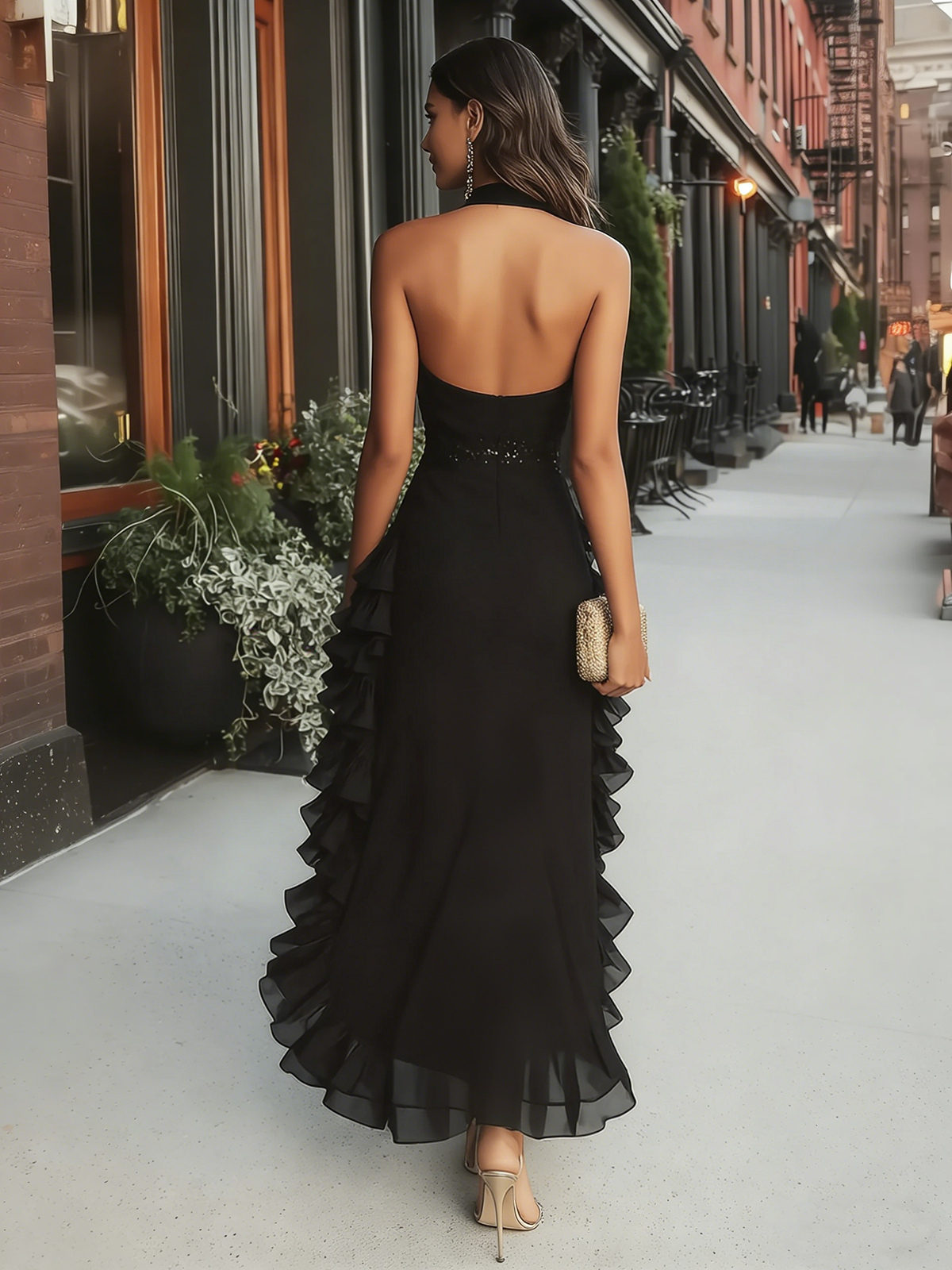 Priya | Halter Ruffle High-Low Maxi Dress