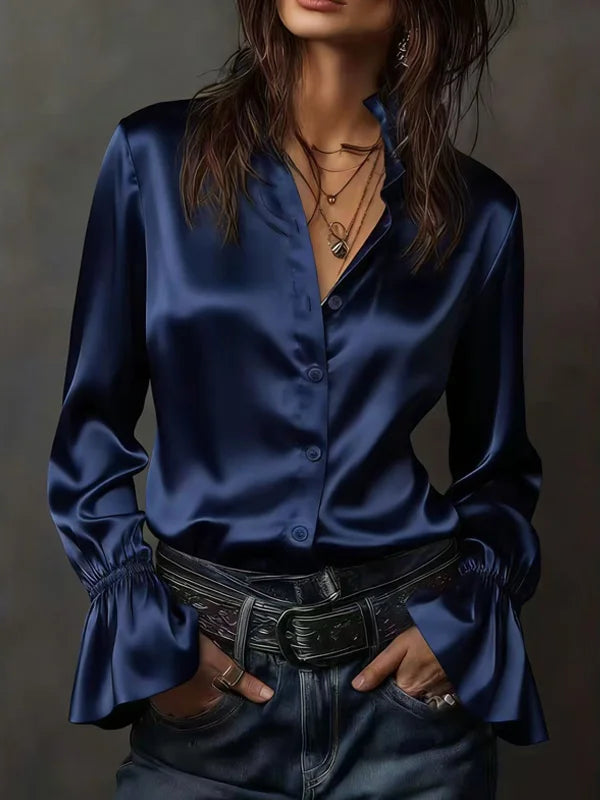Priscilla | Satin Button-Front Bell Sleeve Top