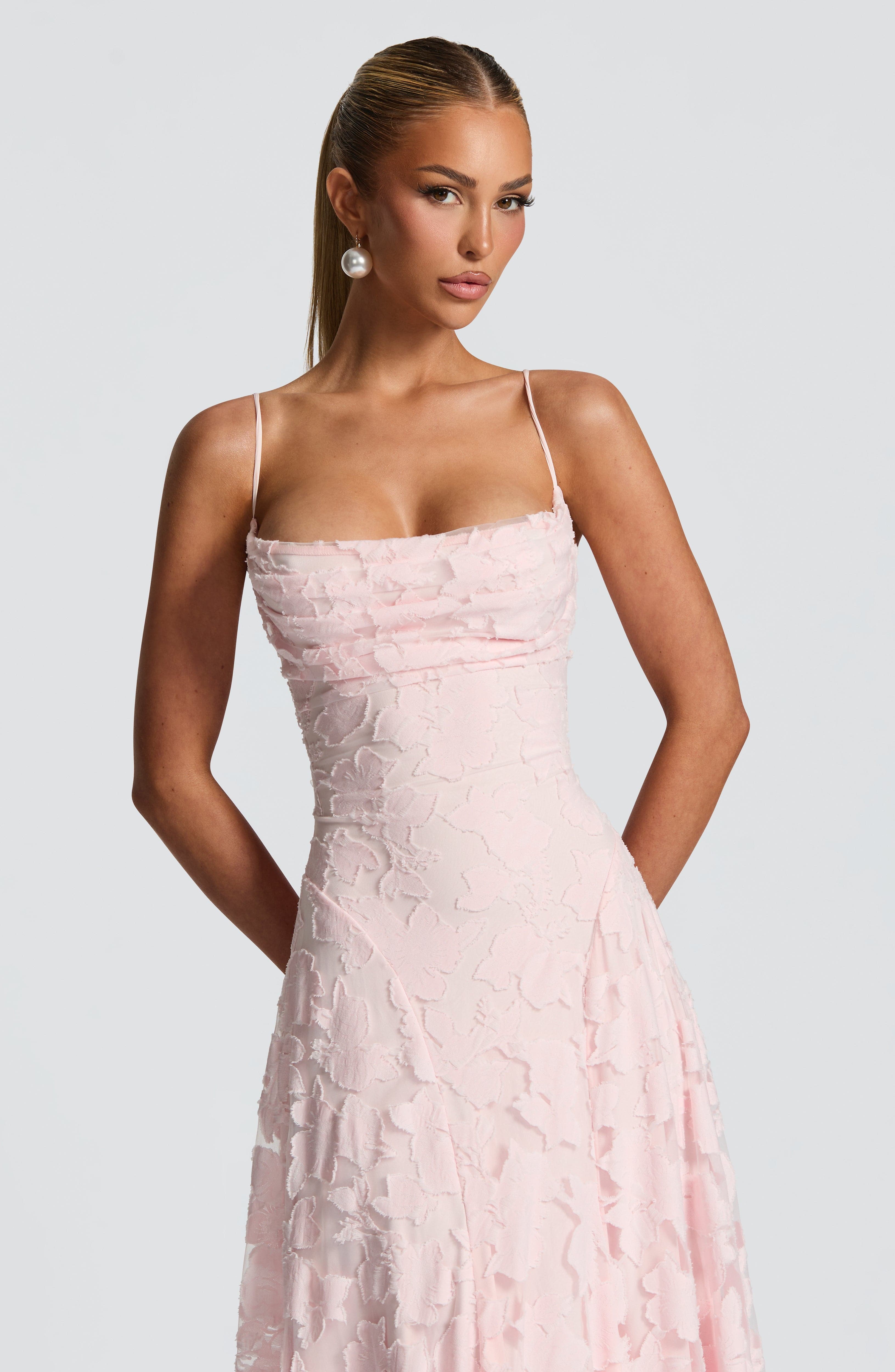 Rosalie | Floral Textured Jacquard Cowl-Neck A-Line Maxi Dress