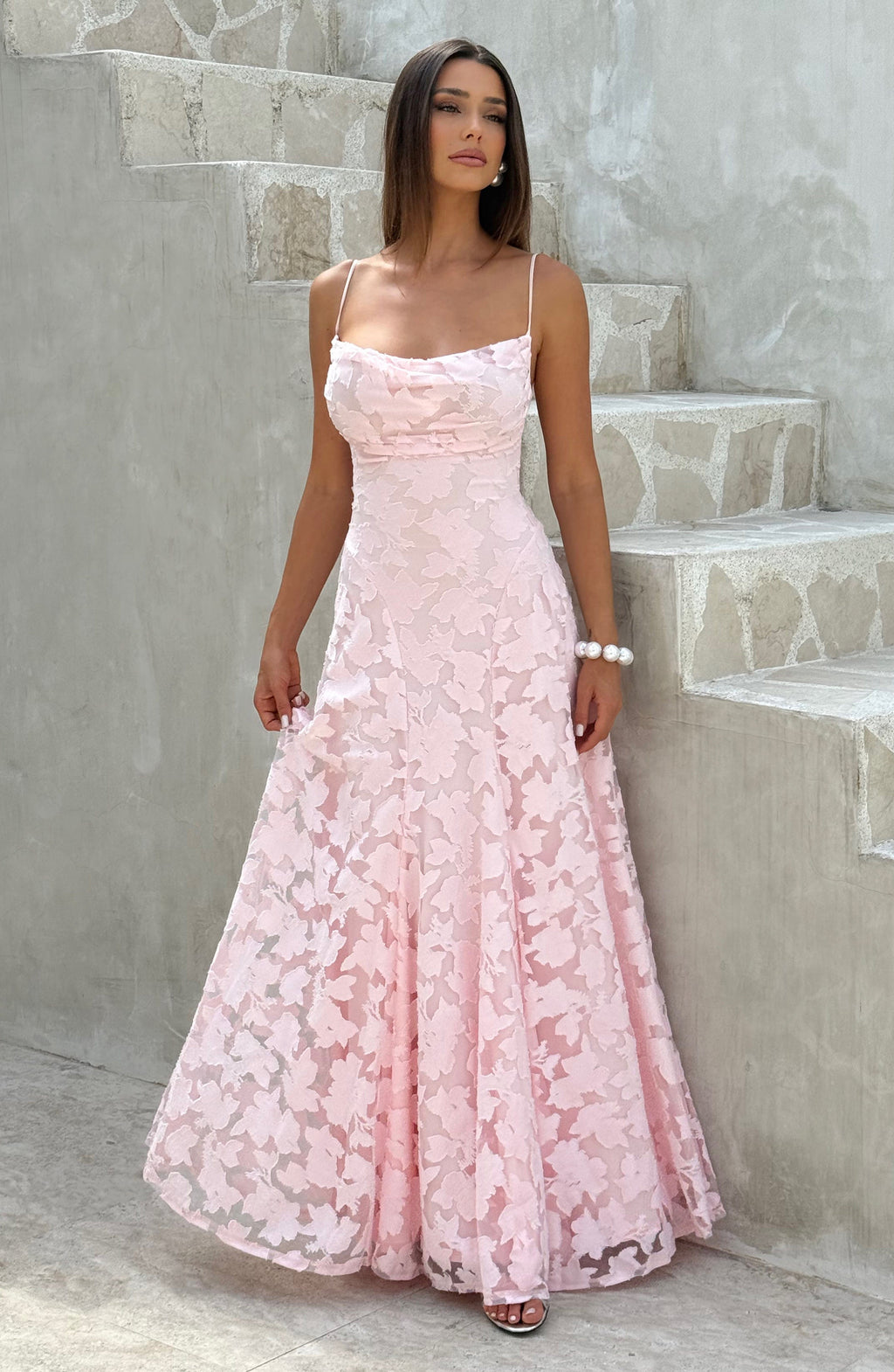 Rosalie | Floral Textured Jacquard Cowl-Neck A-Line Maxi Dress
