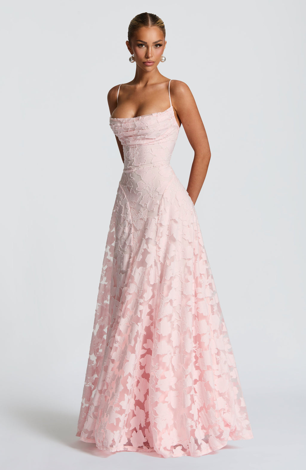 Rosalie | Floral Textured Jacquard Cowl-Neck A-Line Maxi Dress