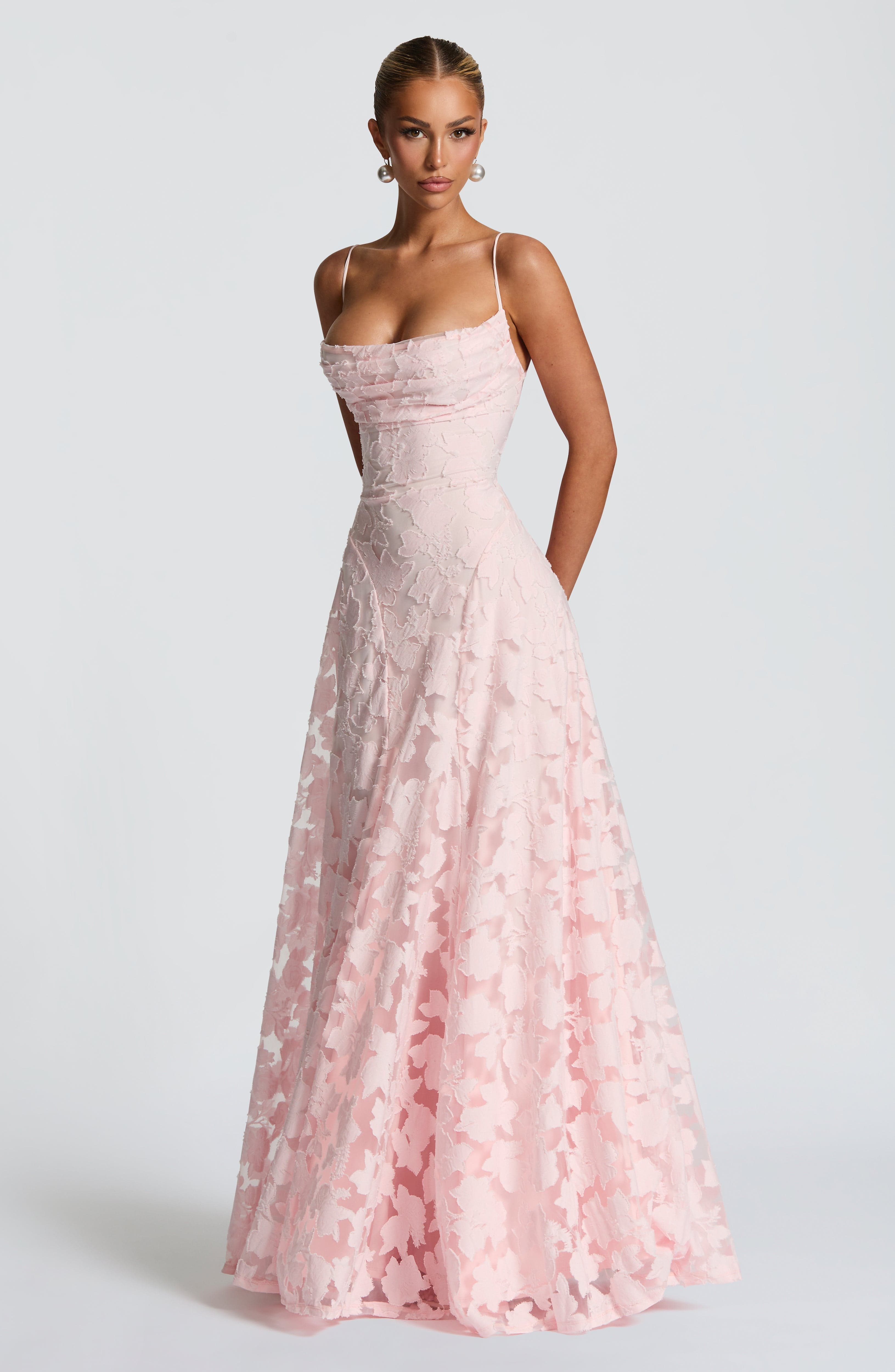 Rosalie | Floral Textured Jacquard Cowl-Neck A-Line Maxi Dress