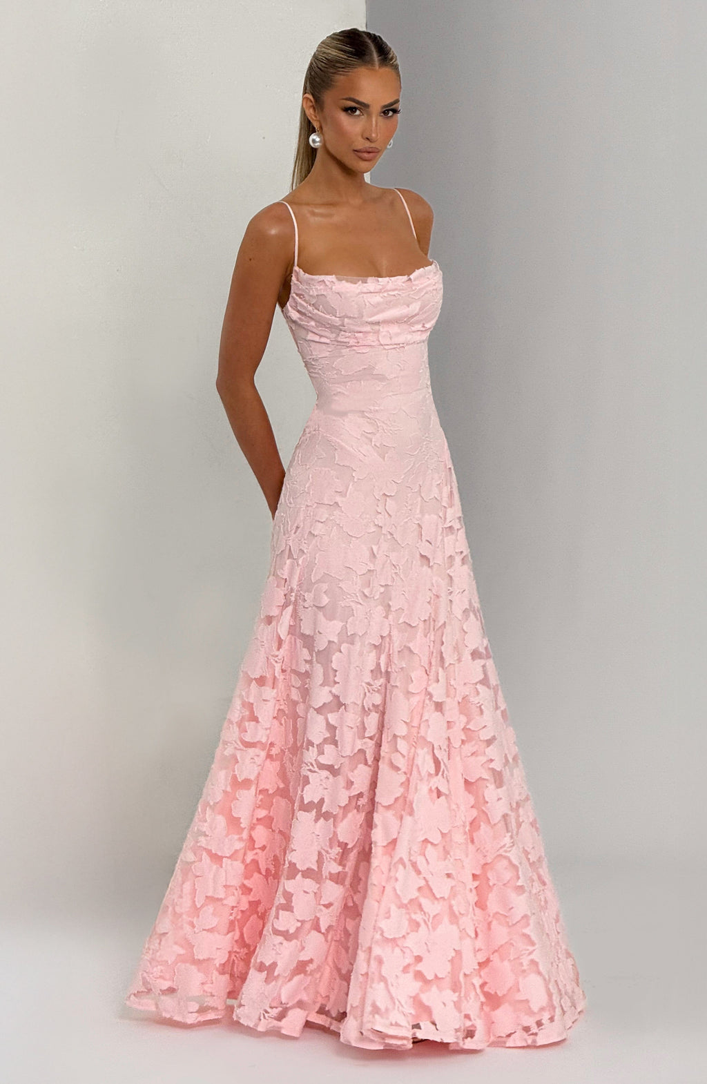 Rosalie | Floral Textured Jacquard Cowl-Neck A-Line Maxi Dress