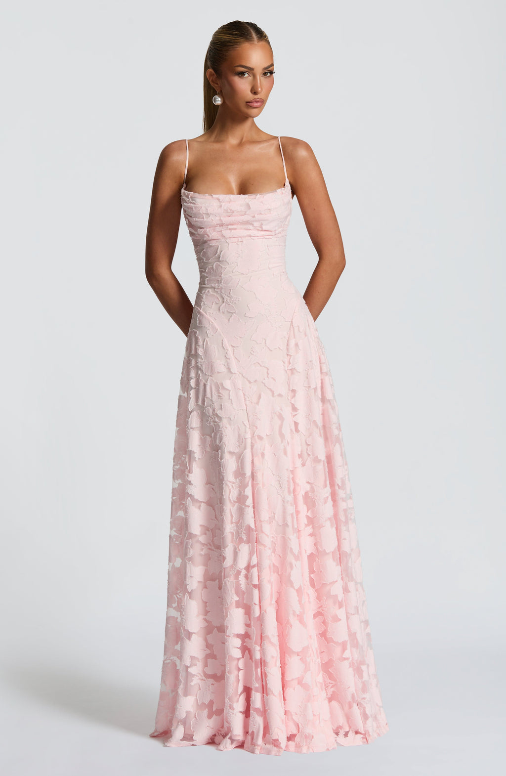 Rosalie | Floral Textured Jacquard Cowl-Neck A-Line Maxi Dress
