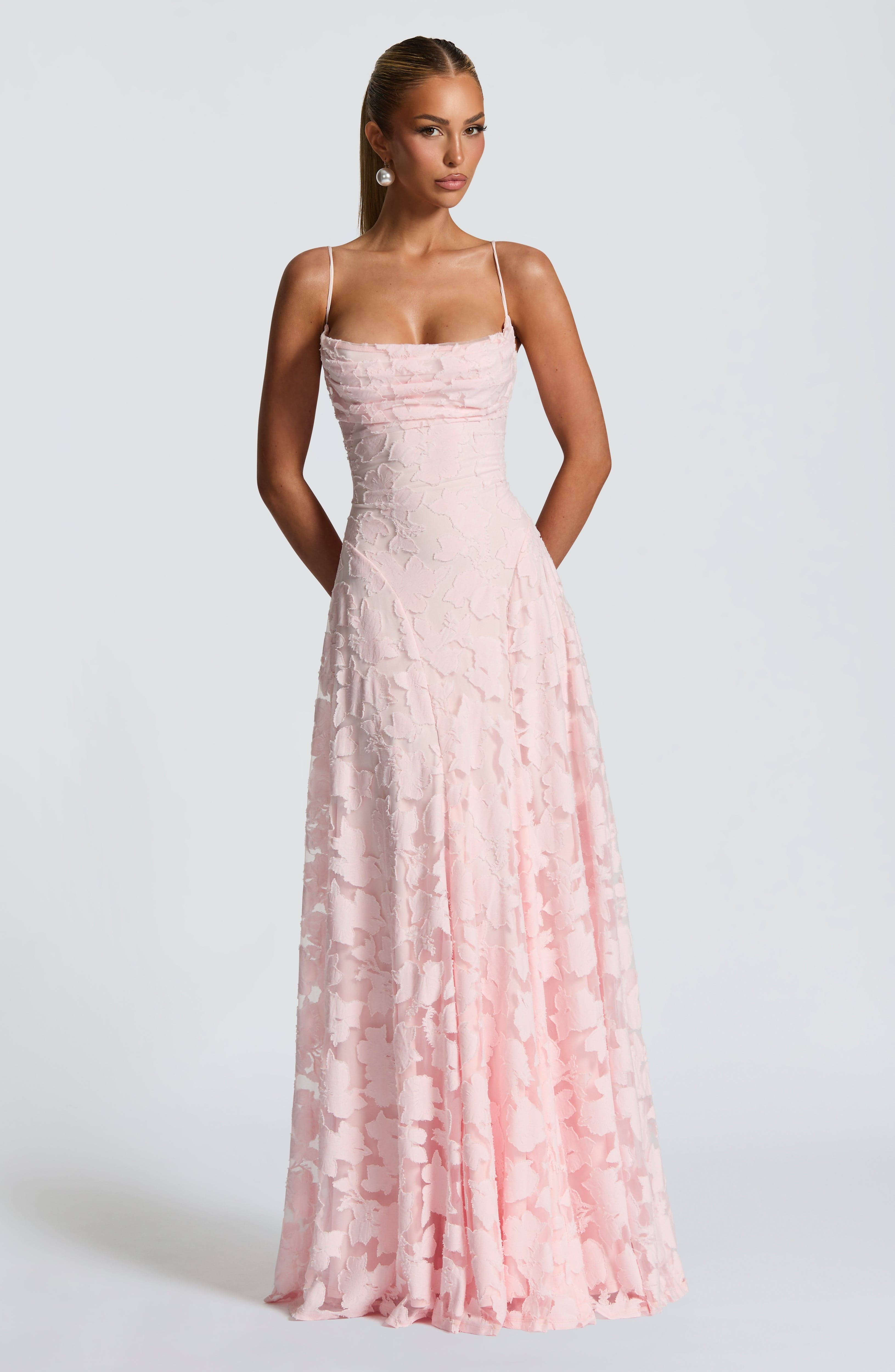 Rosalie | Floral Textured Jacquard Cowl-Neck A-Line Maxi Dress