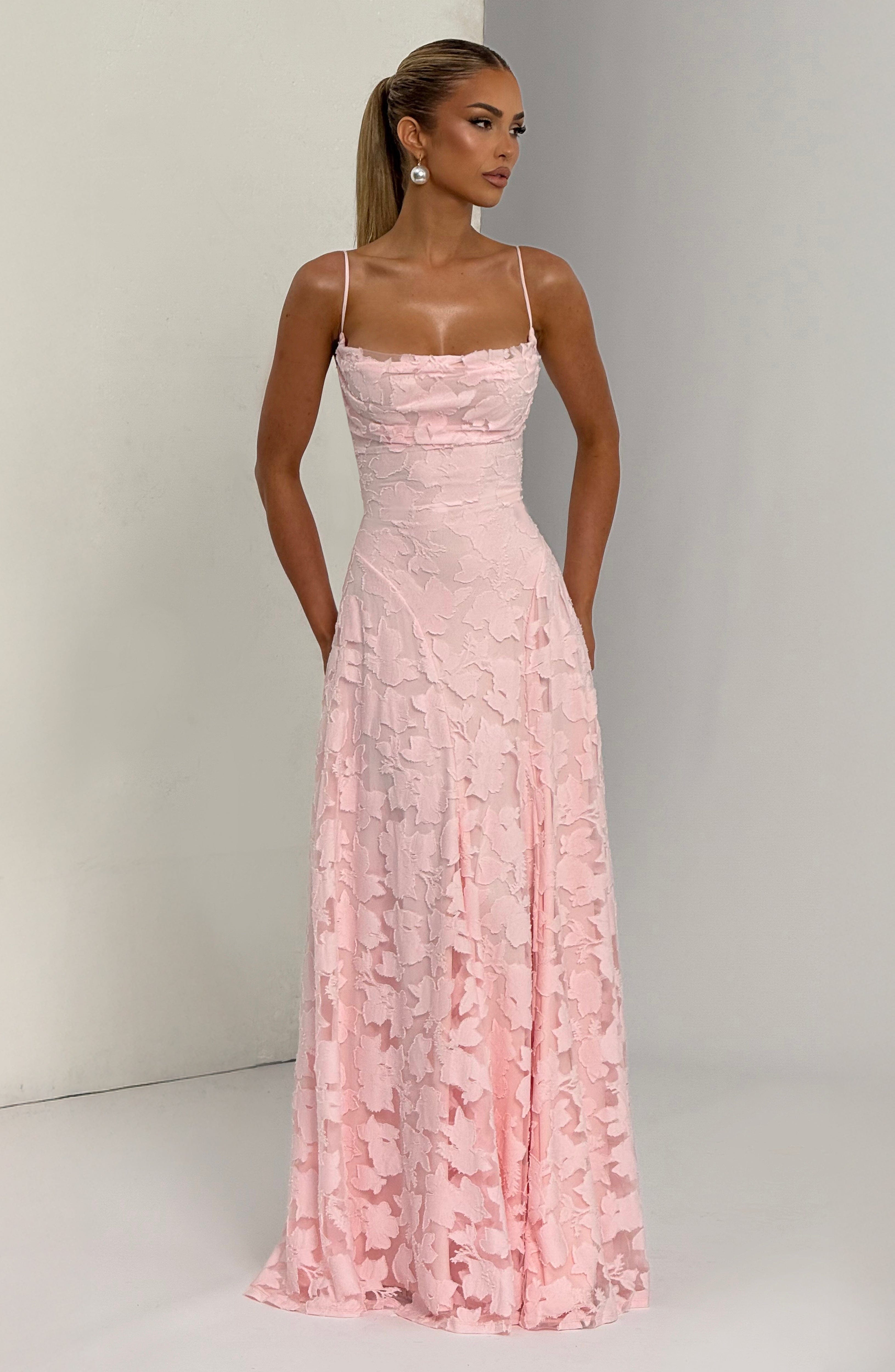 Rosalie | Floral Textured Jacquard Cowl-Neck A-Line Maxi Dress