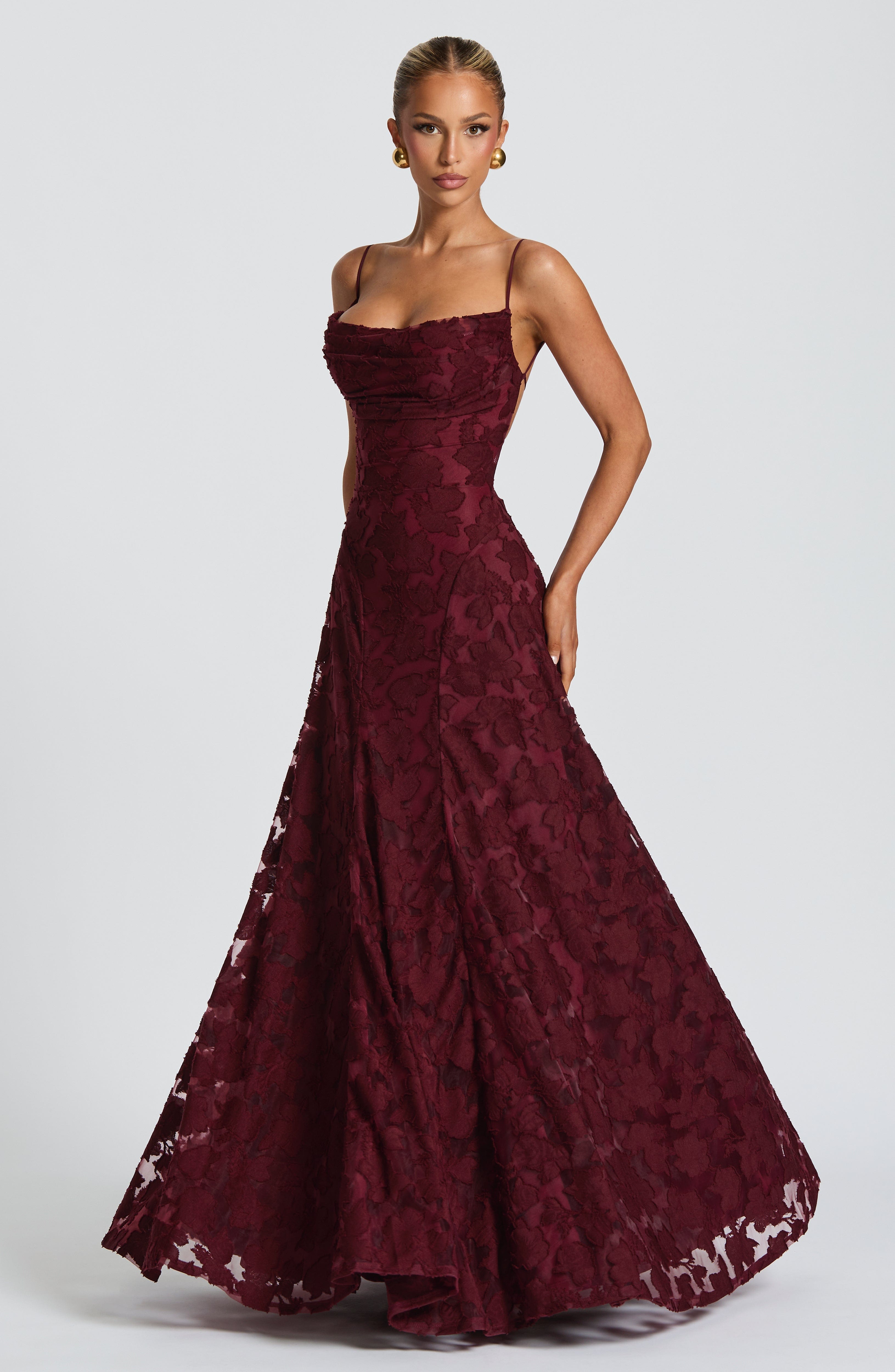 Adeline | Floral Textured Jacquard Square-Neck A-Line Maxi Dress