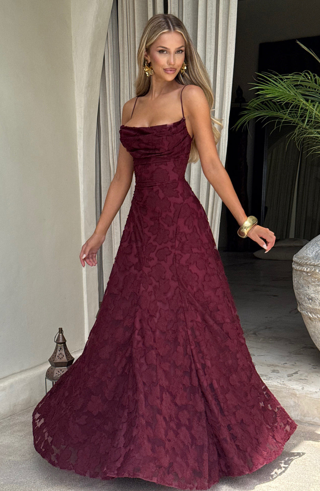 Adeline | Floral Textured Jacquard Square-Neck A-Line Maxi Dress