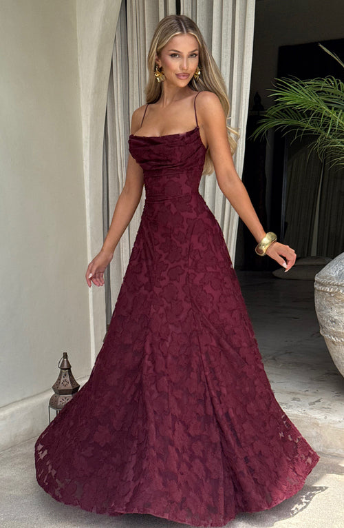 Adeline | Floral Textured Jacquard Square-Neck A-Line Maxi Dress
