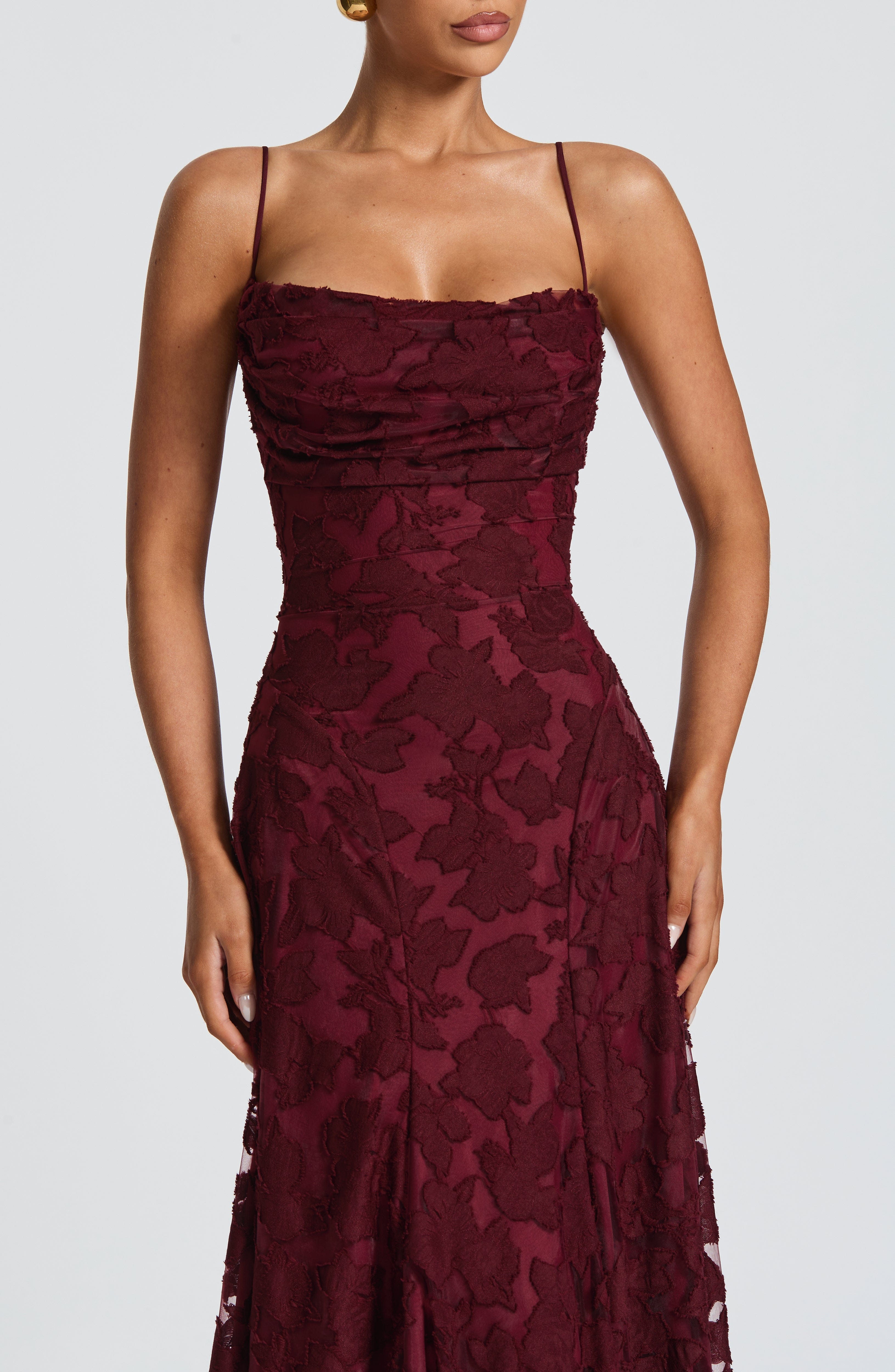 Adeline | Floral Textured Jacquard Square-Neck A-Line Maxi Dress
