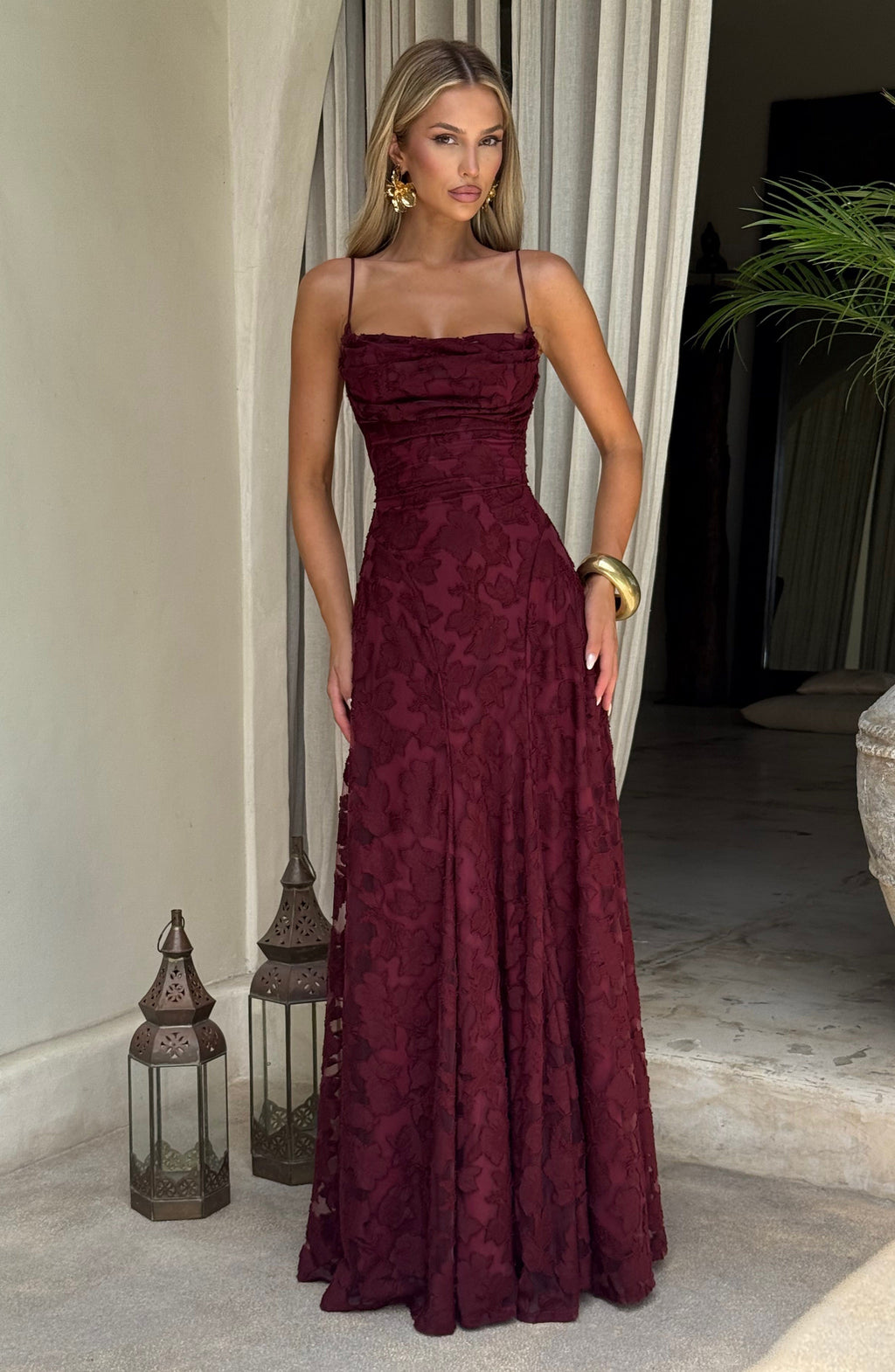 Adeline | Floral Textured Jacquard Square-Neck A-Line Maxi Dress