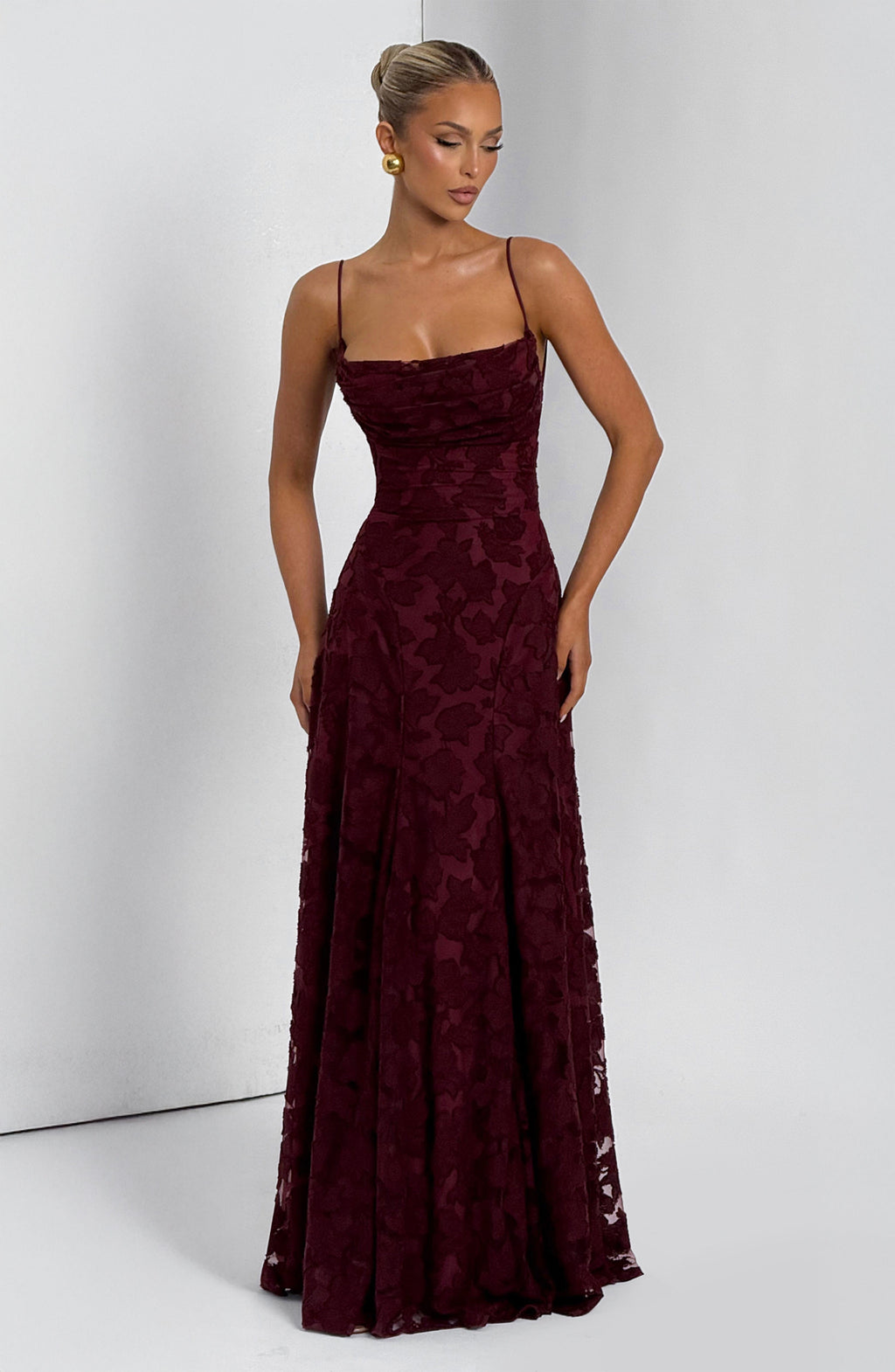 Adeline | Floral Textured Jacquard Square-Neck A-Line Maxi Dress