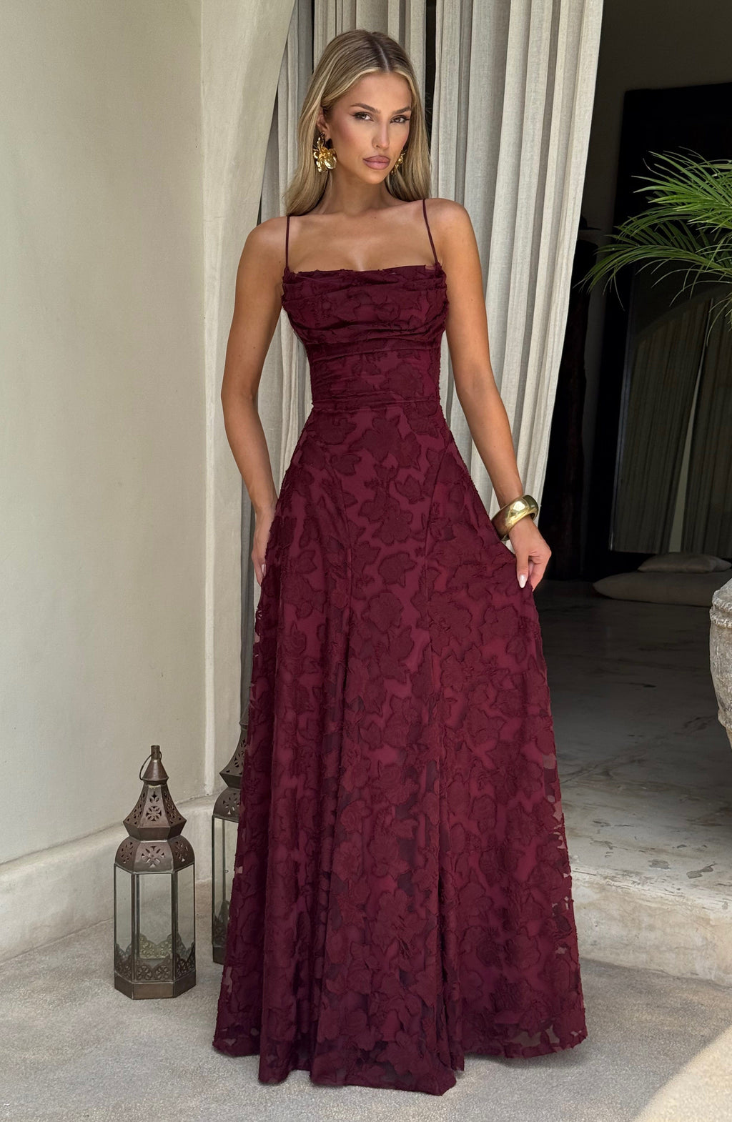 Adeline | Floral Textured Jacquard Square-Neck A-Line Maxi Dress