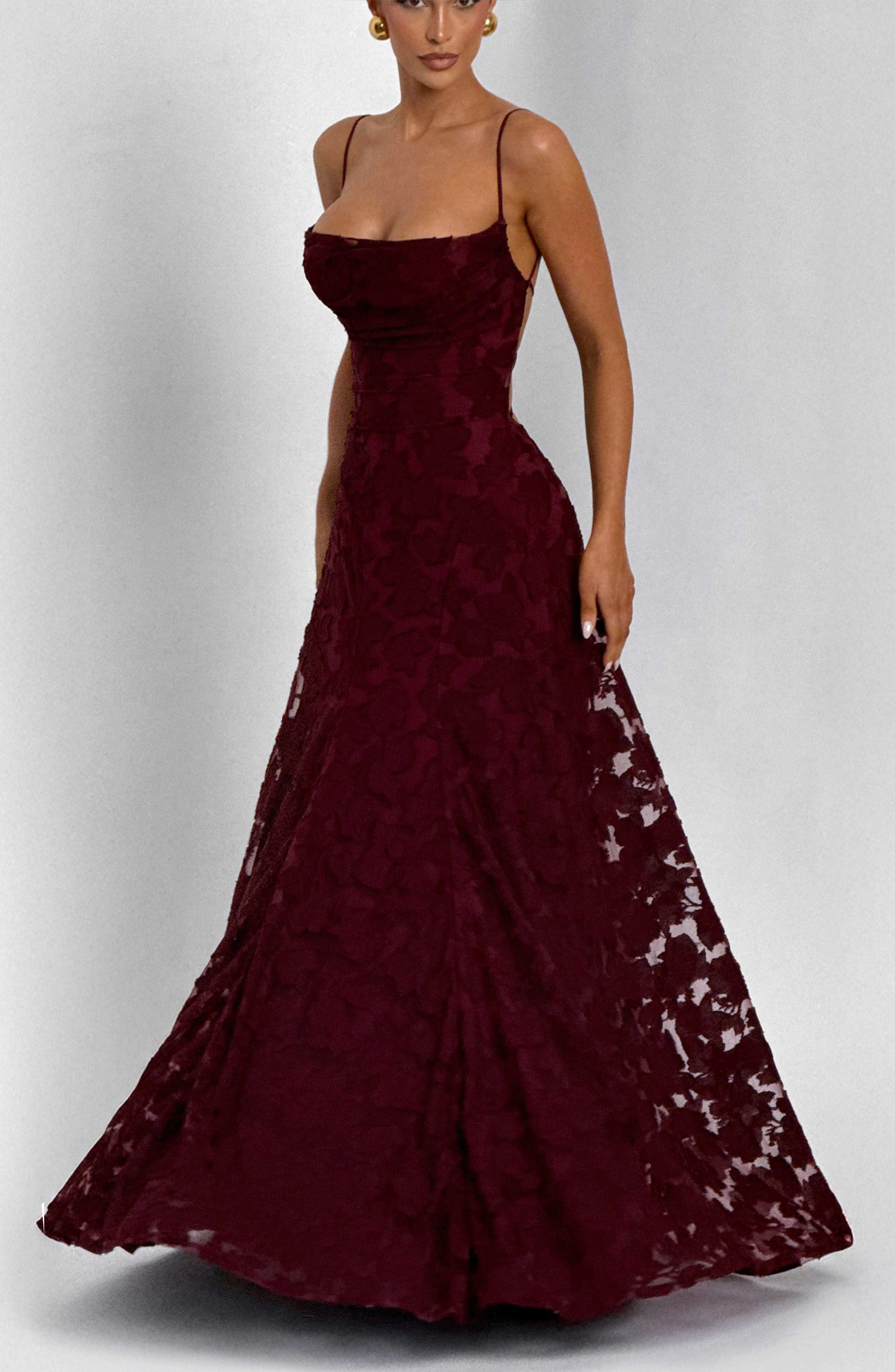 Adeline | Floral Textured Jacquard Square-Neck A-Line Maxi Dress