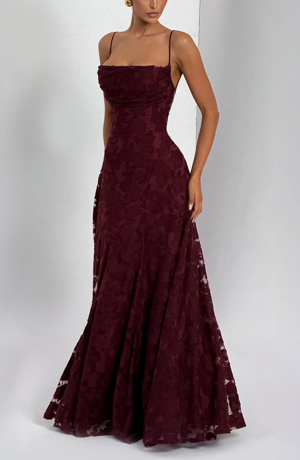 Adeline | Floral Textured Jacquard Square-Neck A-Line Maxi Dress