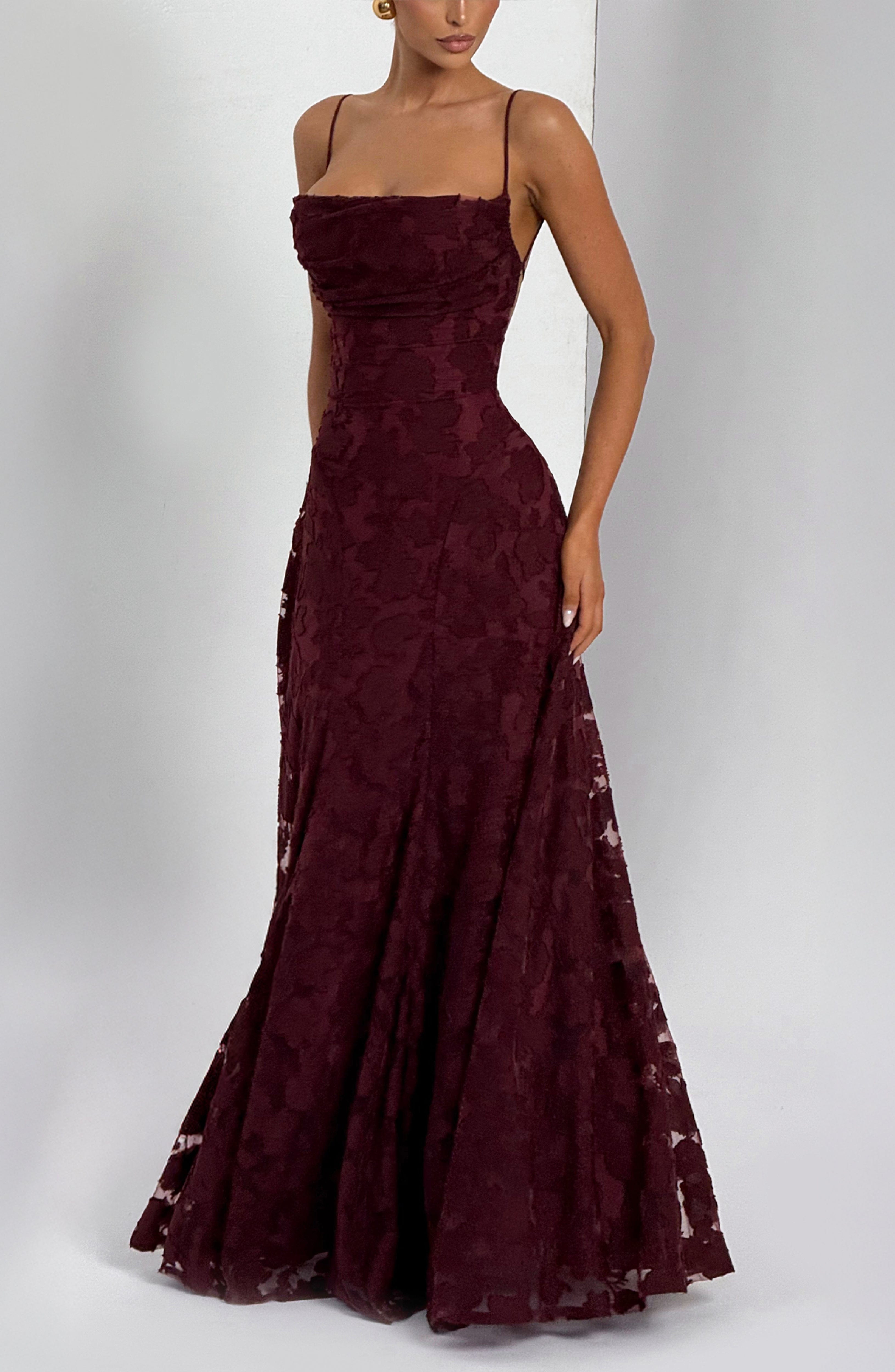 Adeline | Floral Textured Jacquard Square-Neck A-Line Maxi Dress