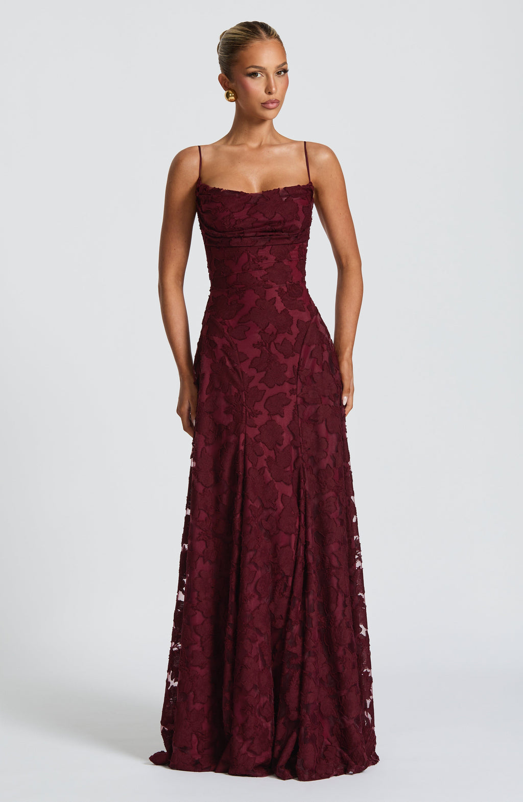 Adeline | Floral Textured Jacquard Square-Neck A-Line Maxi Dress