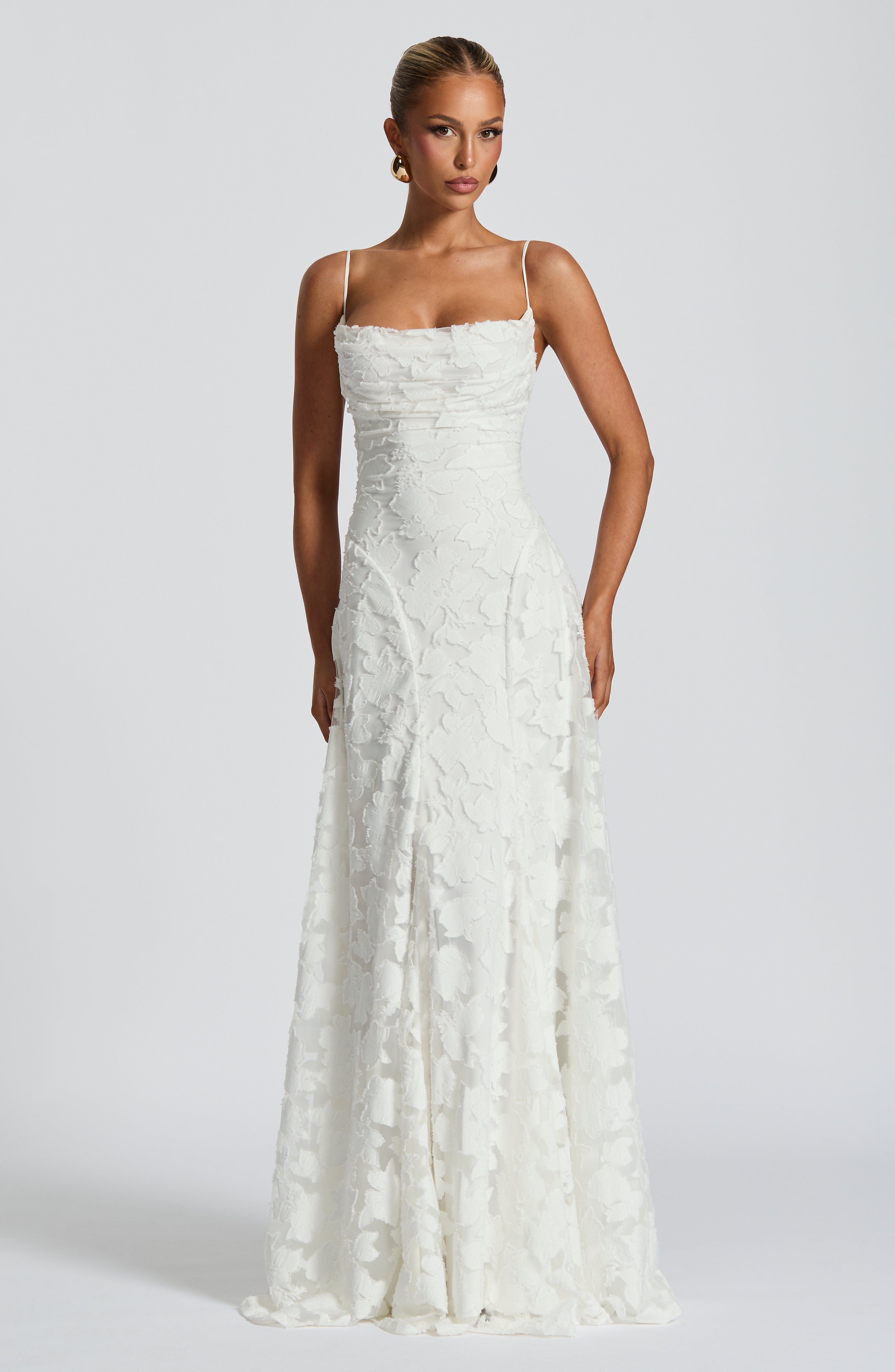 Camille | Floral Textured Jacquard Cowl-Neck Fishtail Maxi Dress
