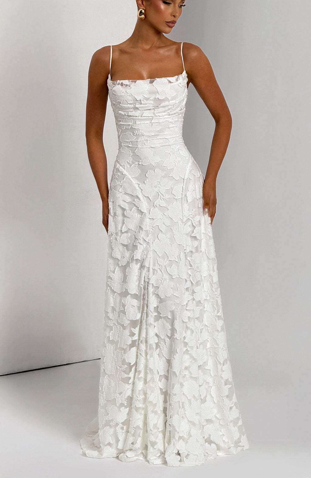 Camille | Floral Textured Jacquard Cowl-Neck Fishtail Maxi Dress