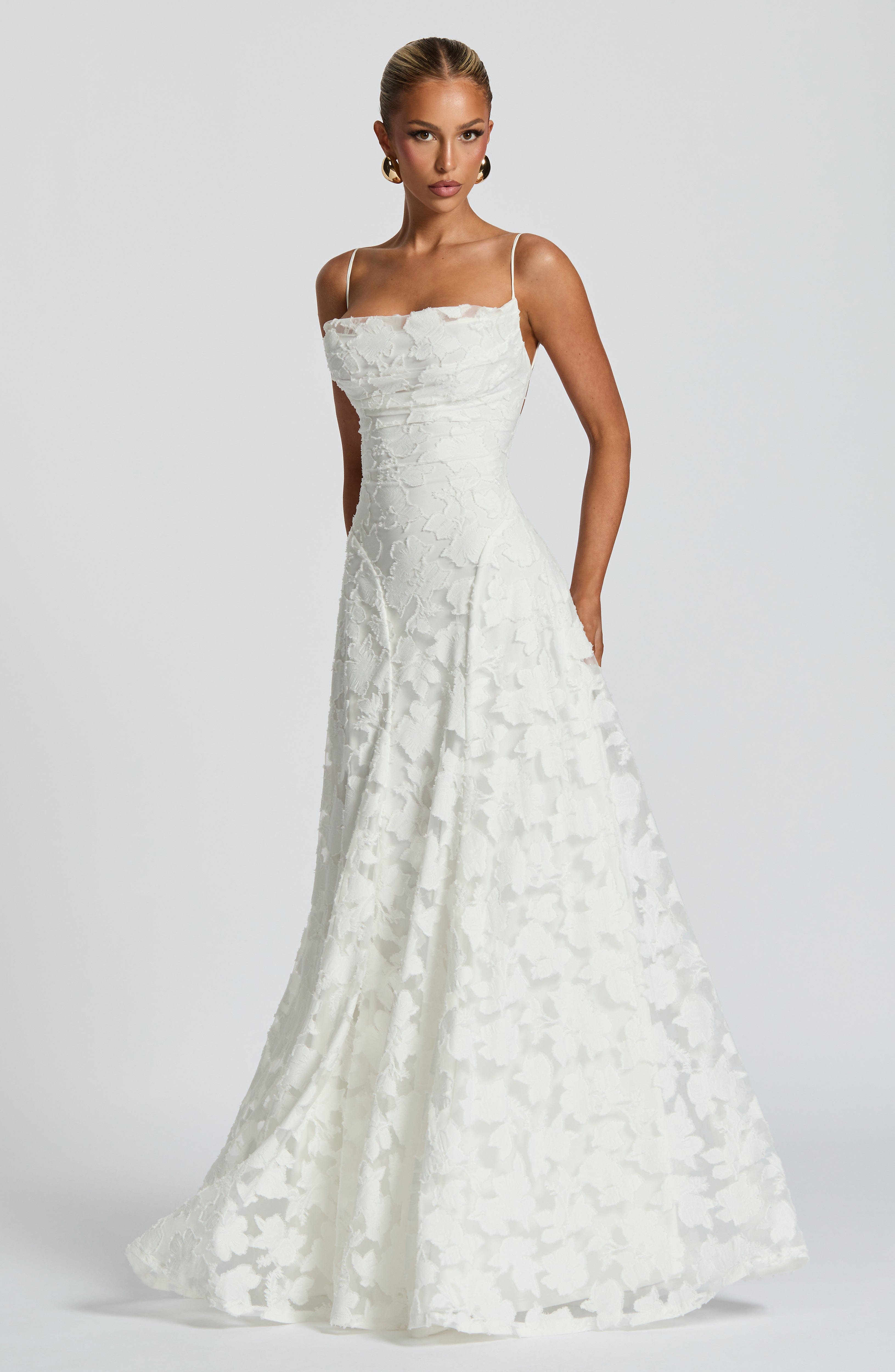 Camille | Floral Textured Jacquard Cowl-Neck Fishtail Maxi Dress