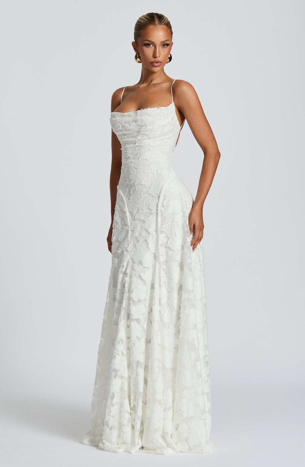 Camille | Floral Textured Jacquard Cowl-Neck Fishtail Maxi Dress