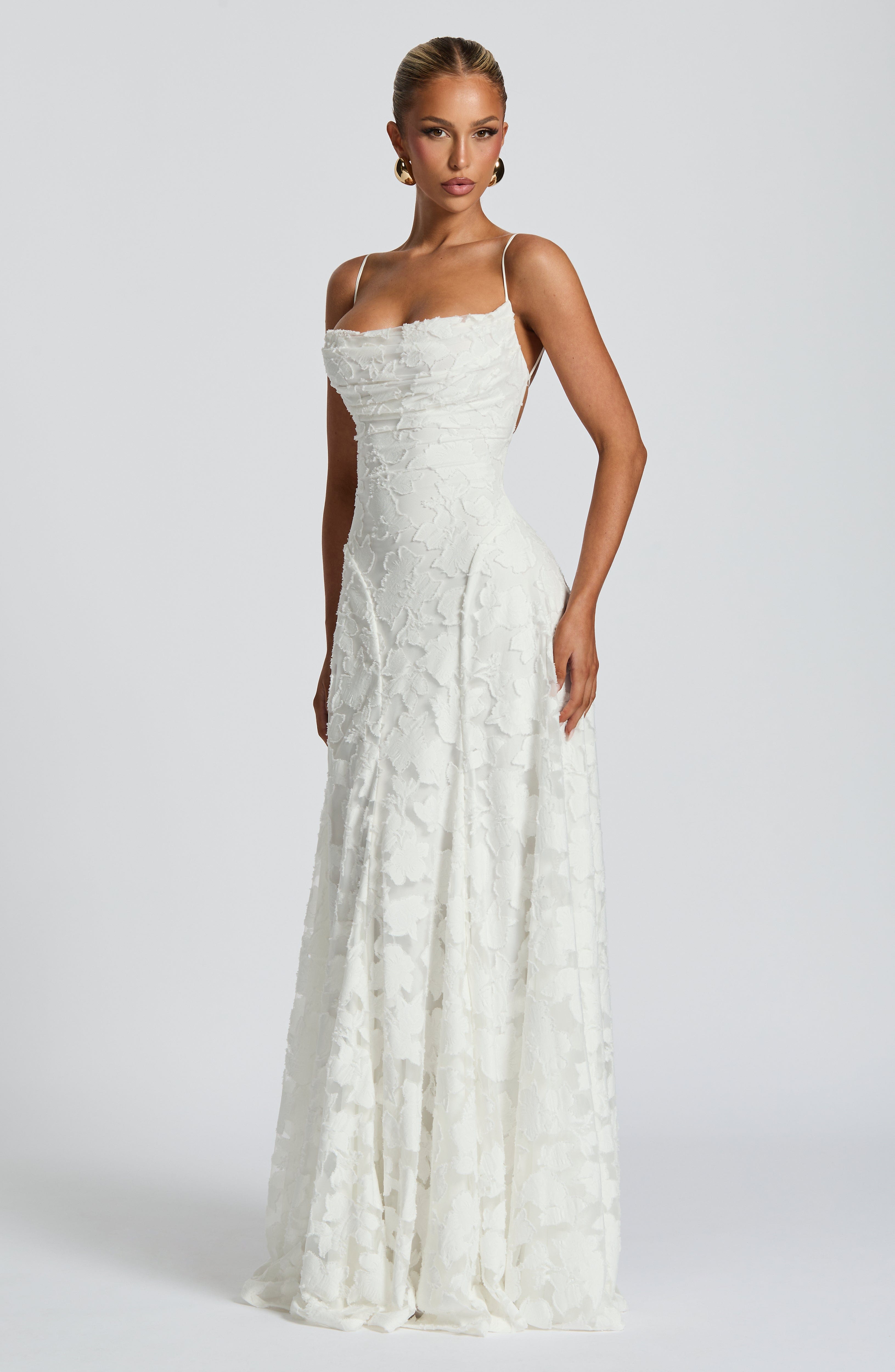 Camille | Floral Textured Jacquard Cowl-Neck Fishtail Maxi Dress