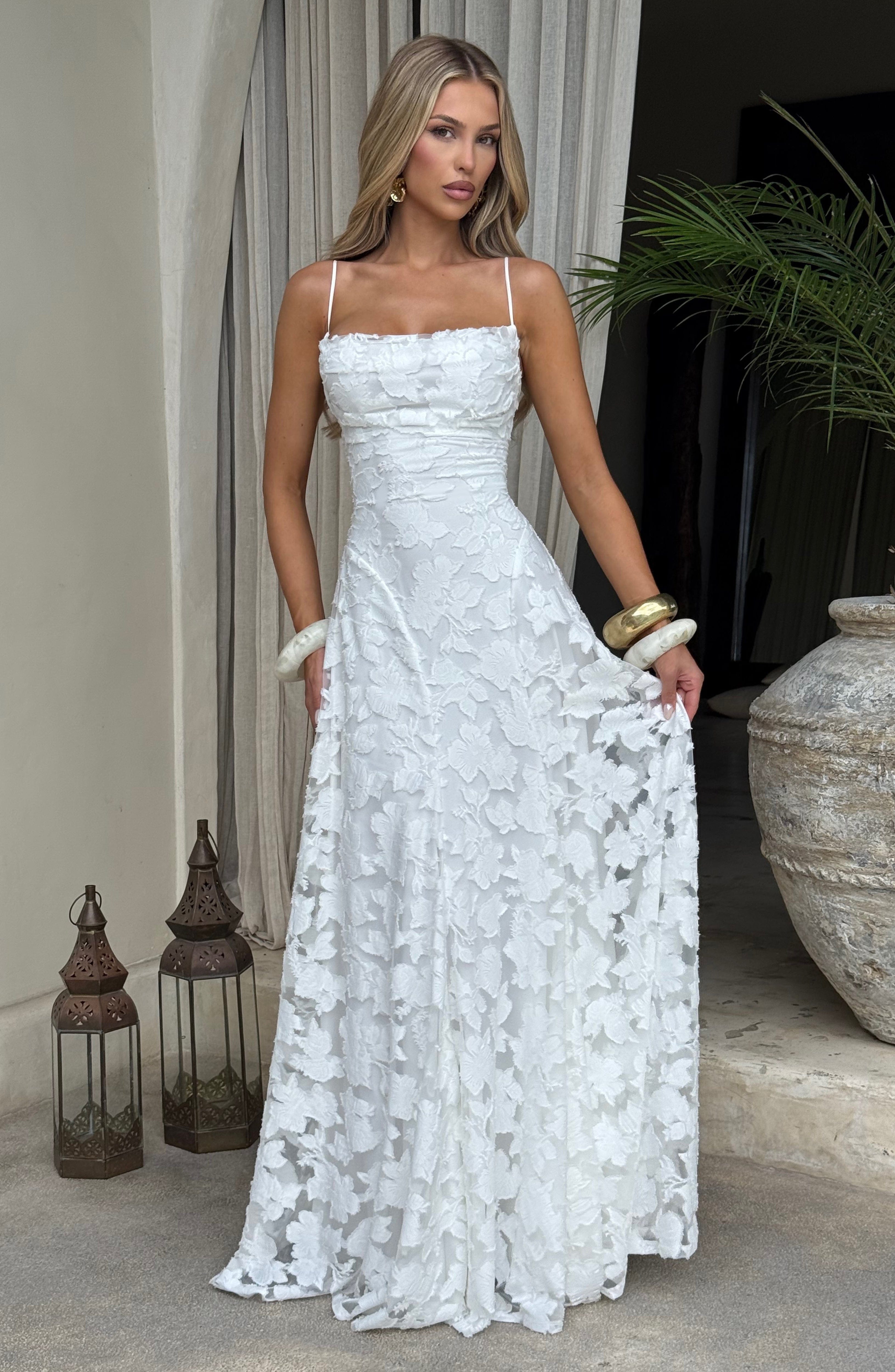 Camille | Floral Textured Jacquard Cowl-Neck Fishtail Maxi Dress