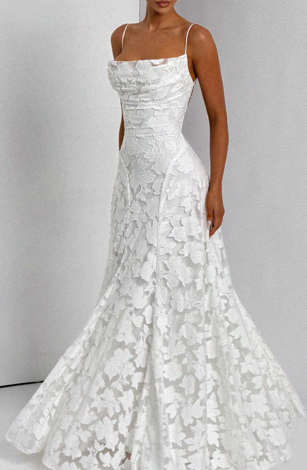 Camille | Floral Textured Jacquard Cowl-Neck Fishtail Maxi Dress