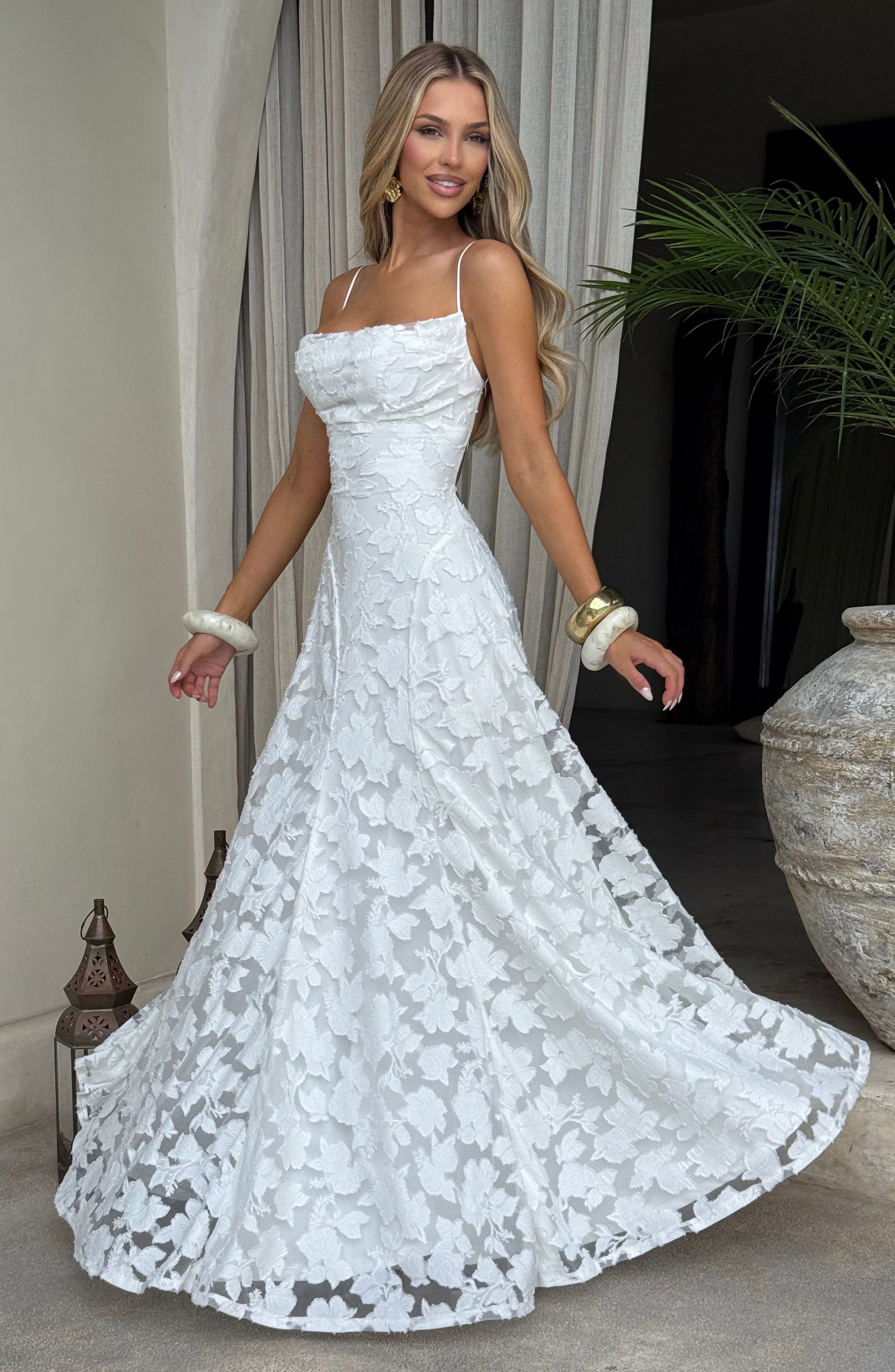 Camille | Floral Textured Jacquard Cowl-Neck Fishtail Maxi Dress