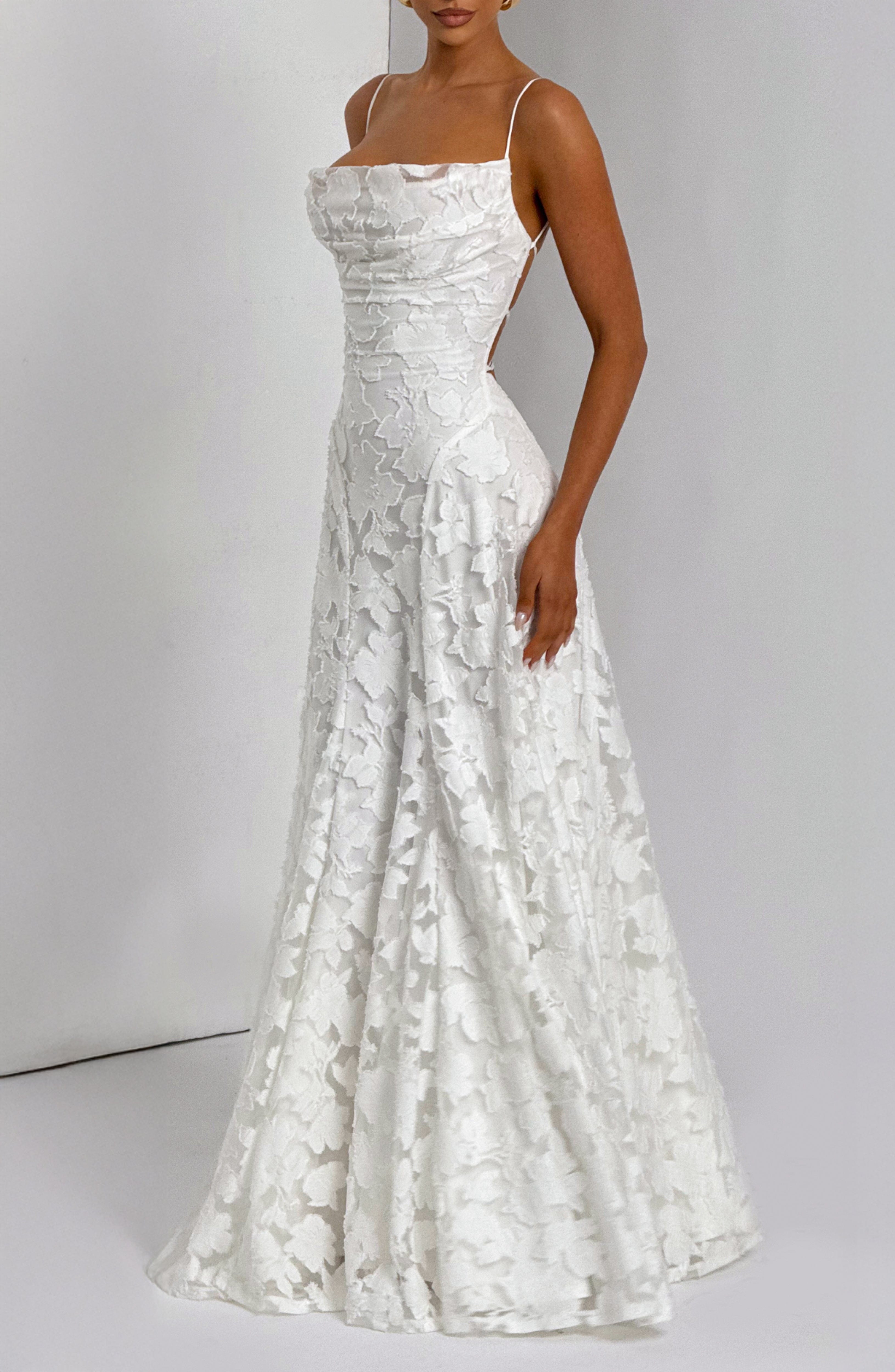 Camille | Floral Textured Jacquard Cowl-Neck Fishtail Maxi Dress