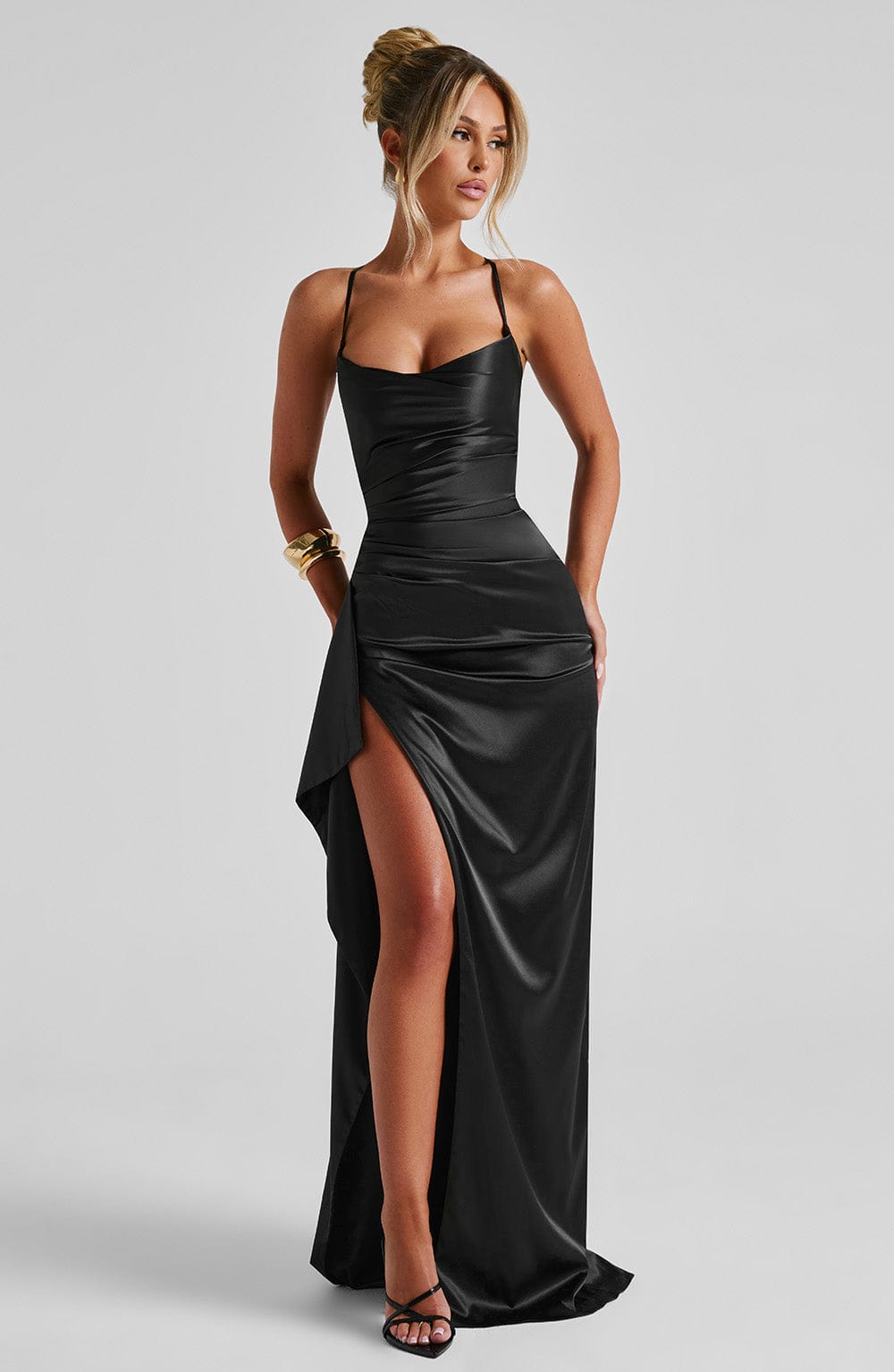 Tessa | Satin Cowl-Neck Ruched High-Slit Bodycon Maxi Gown