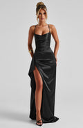 Tessa | Satin Cowl-Neck Ruched High-Slit Bodycon Maxi Gown