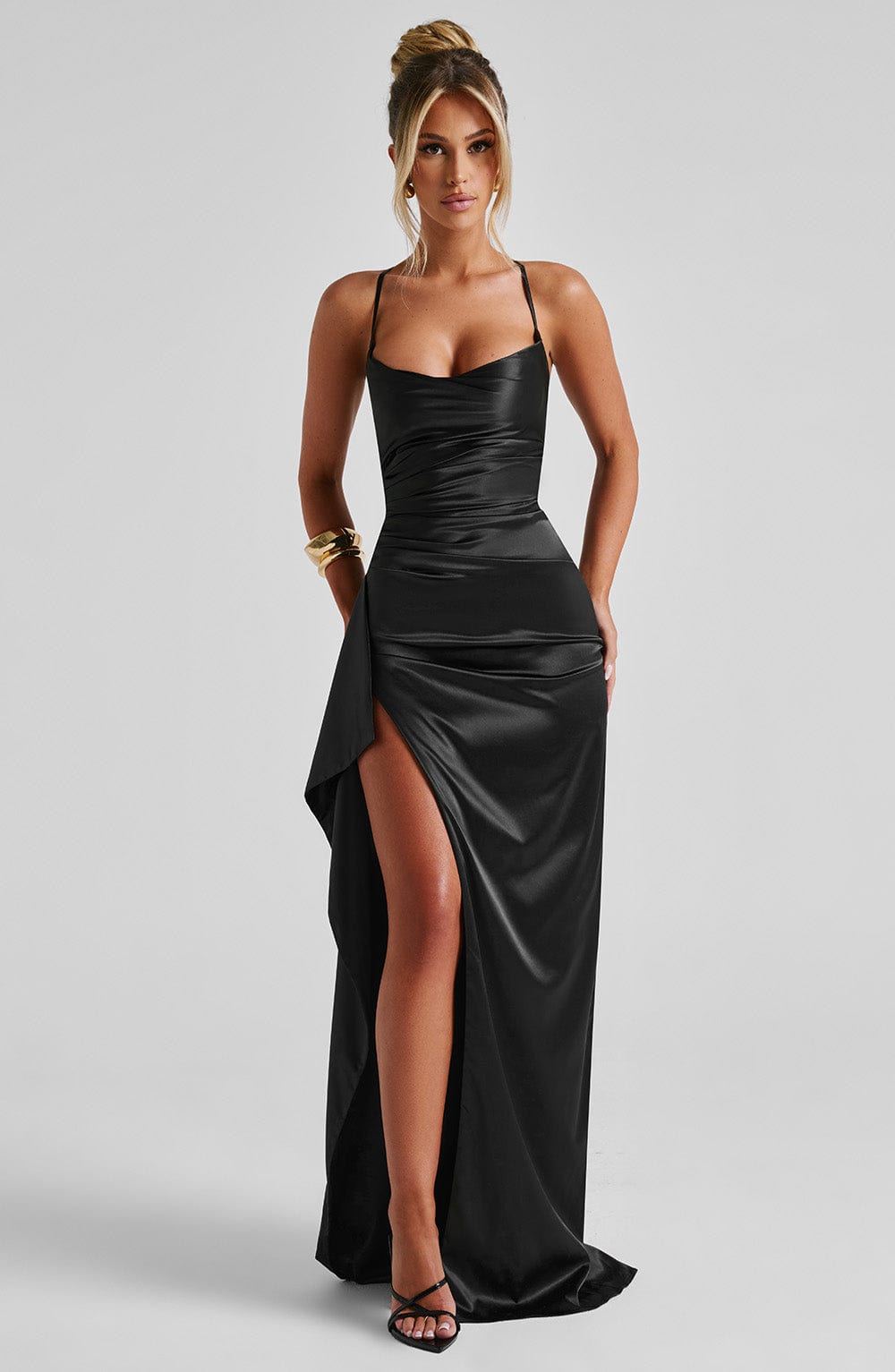 Tessa | Satin Cowl-Neck Ruched High-Slit Bodycon Maxi Gown